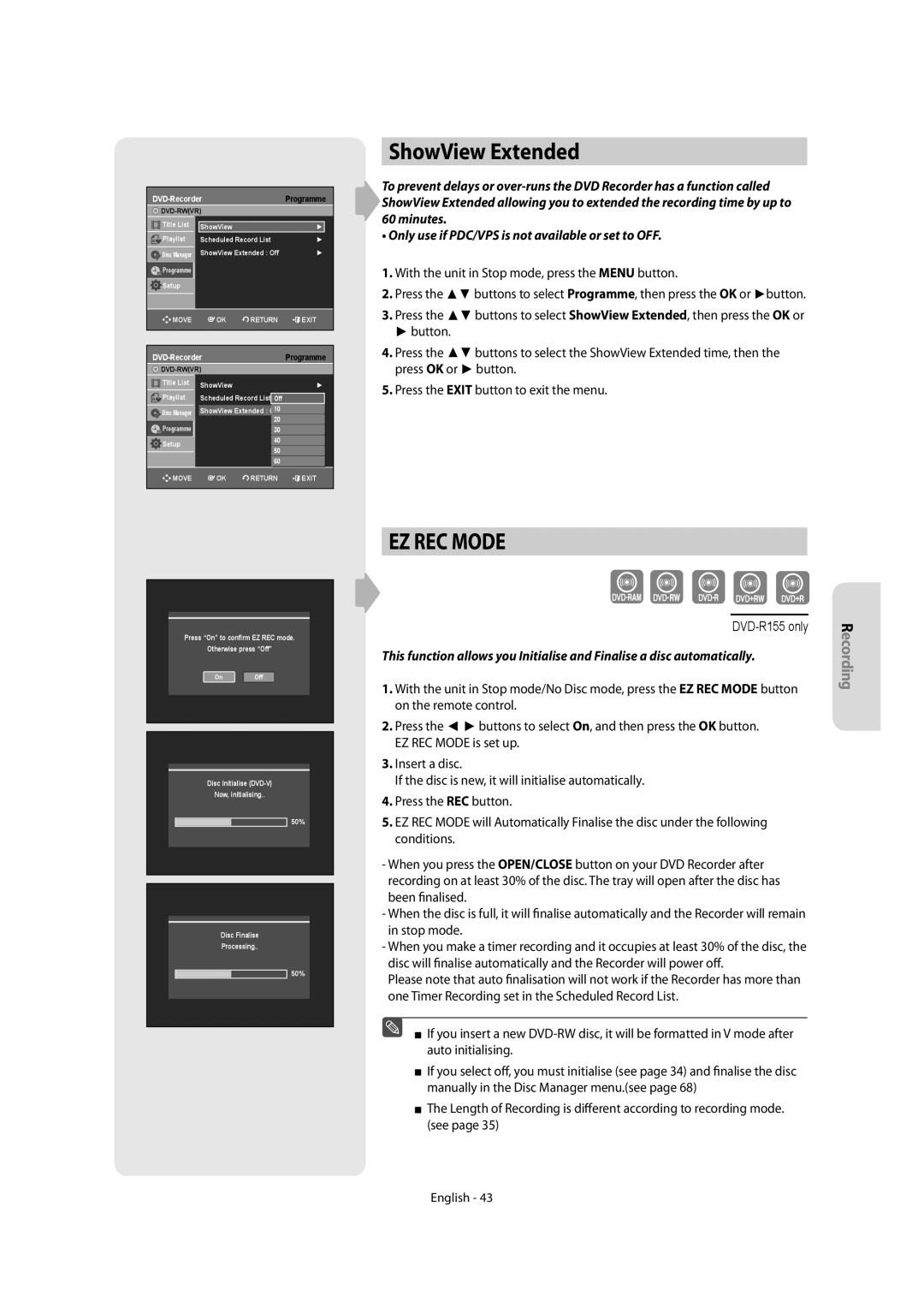 Samsung DVD-R150/XEC, DVD-R155/XEC, DVD-R150/EUR, DVD-R155/EUR, DVD-R155/XSG manual ShowView Extended, DVD-Recorder Programme 