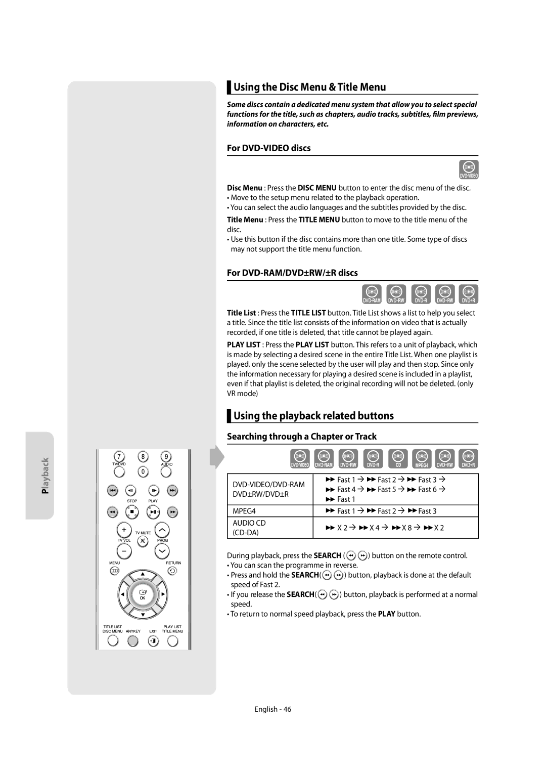 Samsung DVD-R155/HAC manual Using the Disc Menu & Title Menu, Using the playback related buttons, For DVD-VIDEO discs 