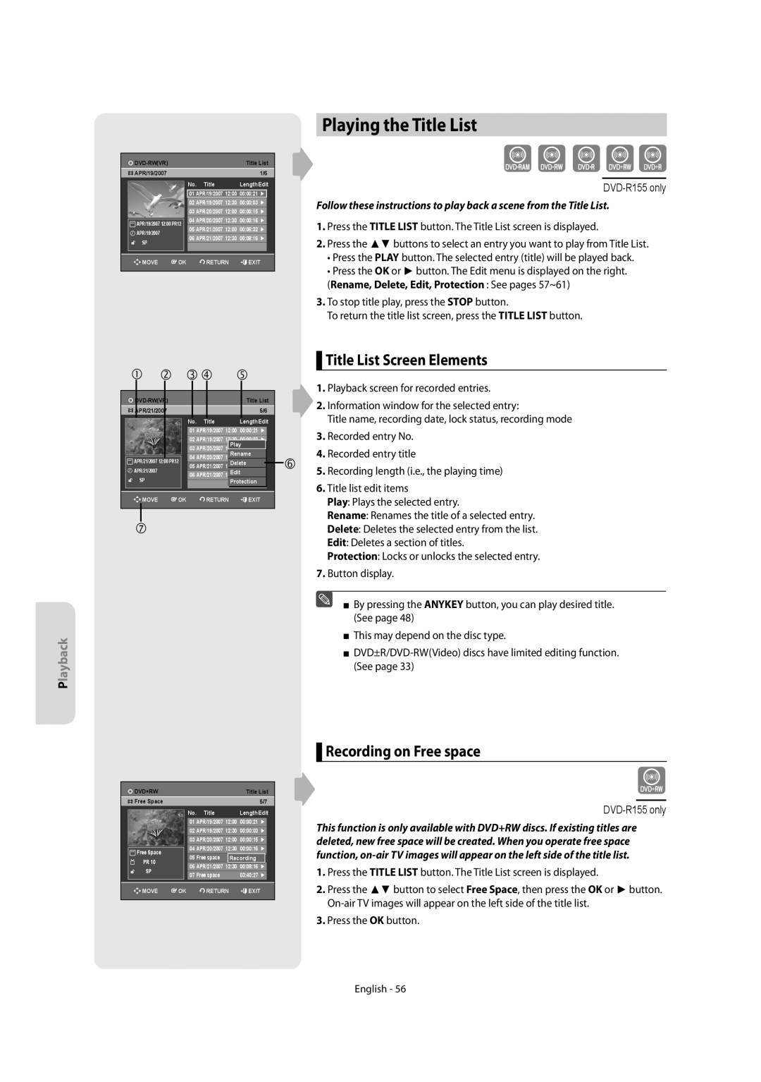 Samsung DVD-R155/HAC, DVD-R155/XEC manual Playing the Title List, Title List Screen Elements, Recording on Free space 