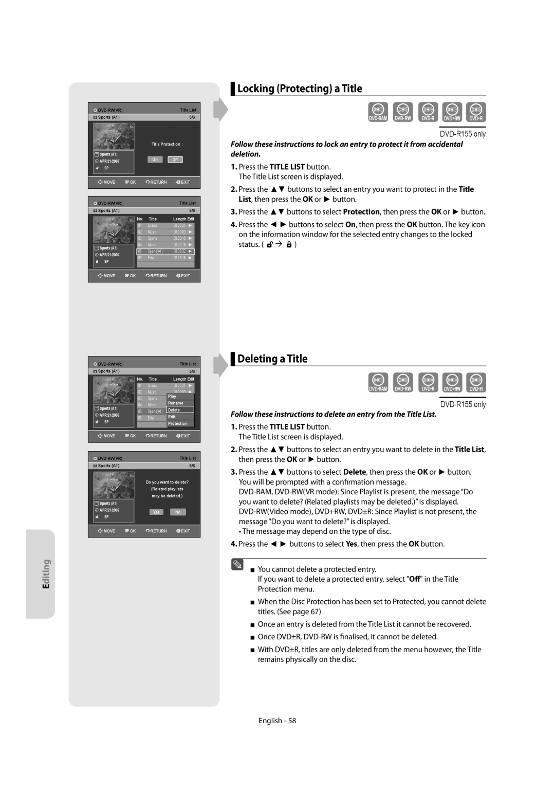 Samsung DVD-R150/AUS, DVD-R155/XEC, DVD-R150/EUR, DVD-R155/EUR manual Locking Protecting a Title, Deleting a Title, Status 