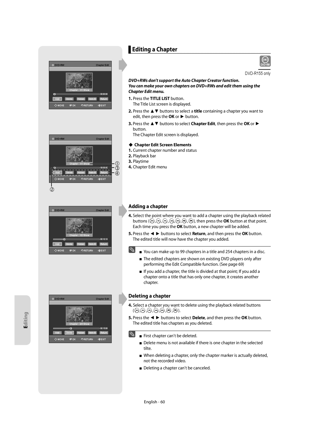 Samsung DVD-R155/XEC, DVD-R150/EUR Editing a Chapter, Adding a chapter, Deleting a chapter, Chapter Edit Screen Elements 