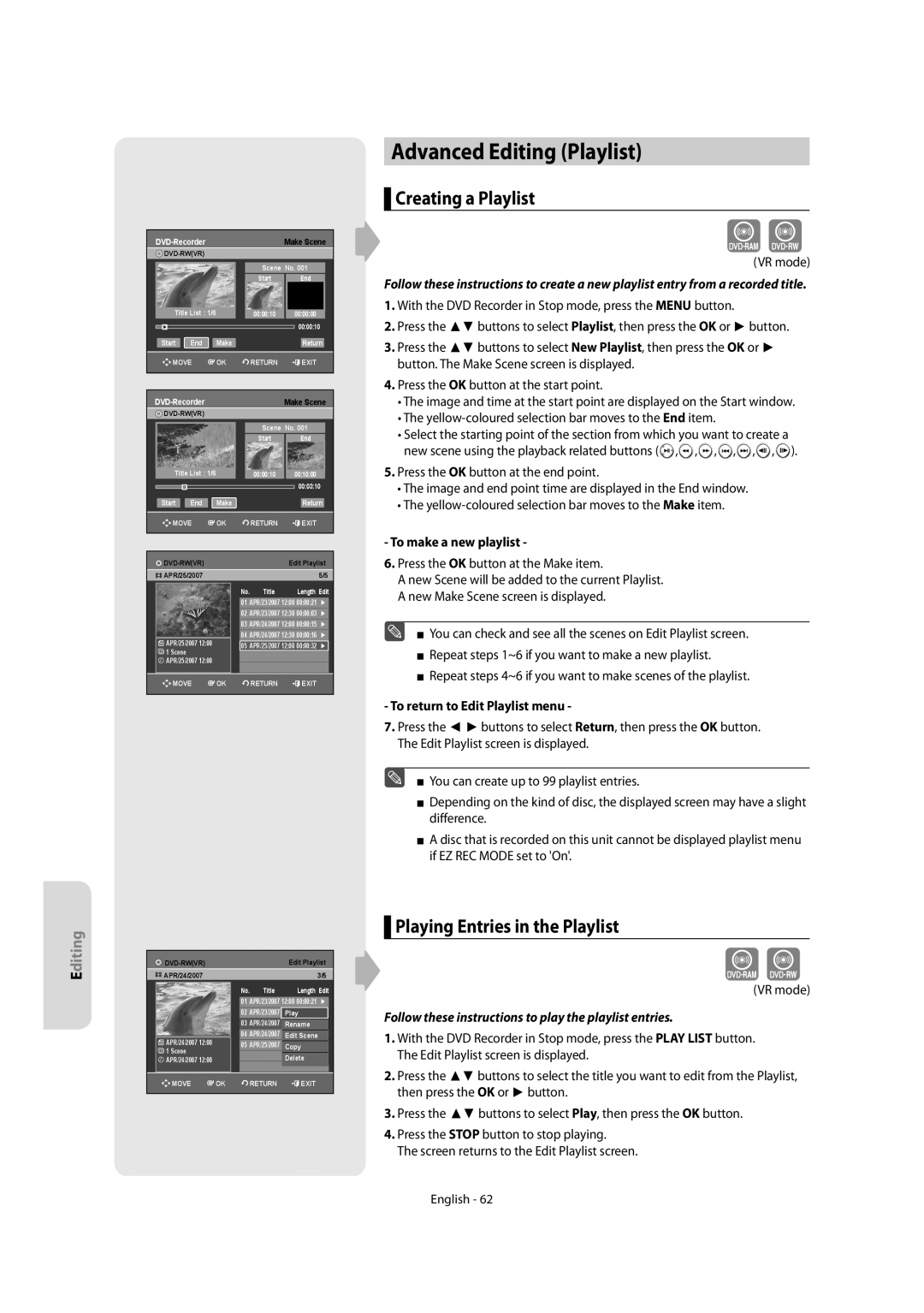 Samsung DVD-R155/EUR, DVD-R155/XEC manual Advanced Editing Playlist, Creating a Playlist, Playing Entries in the Playlist 