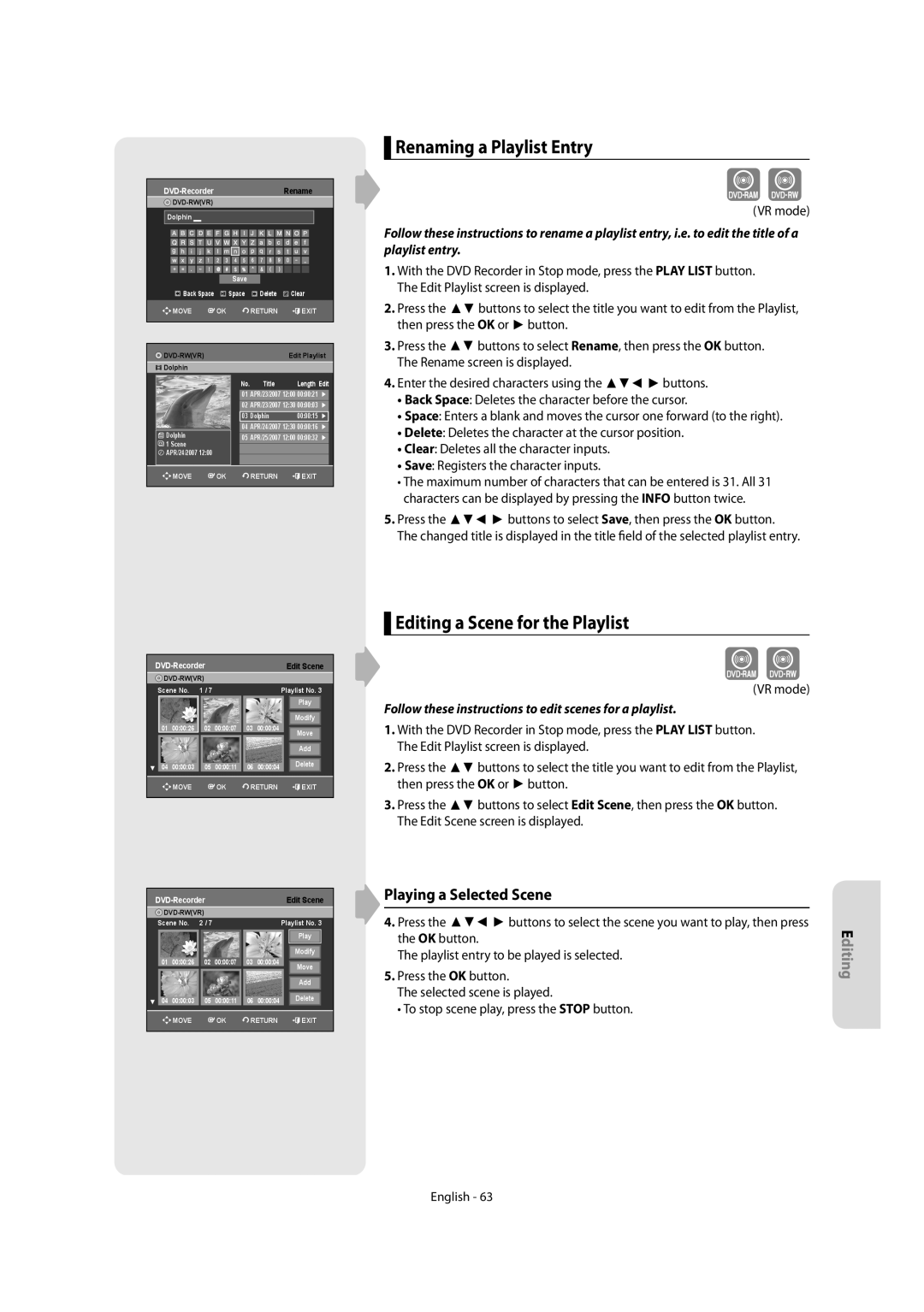 Samsung DVD-R150/XEC Renaming a Playlist Entry, Editing a Scene for the Playlist, Playing a Selected Scene, Edit Scene 