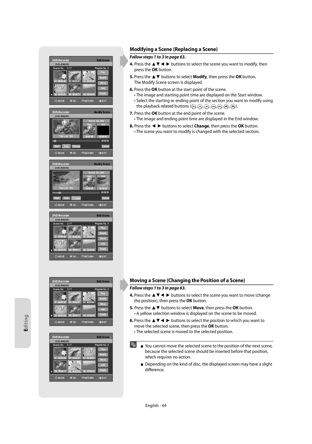 Samsung DVD-R155/XSG, DVD-R155/XEC Modifying a Scene Replacing a Scene, Moving a Scene Changing the Position of a Scene 