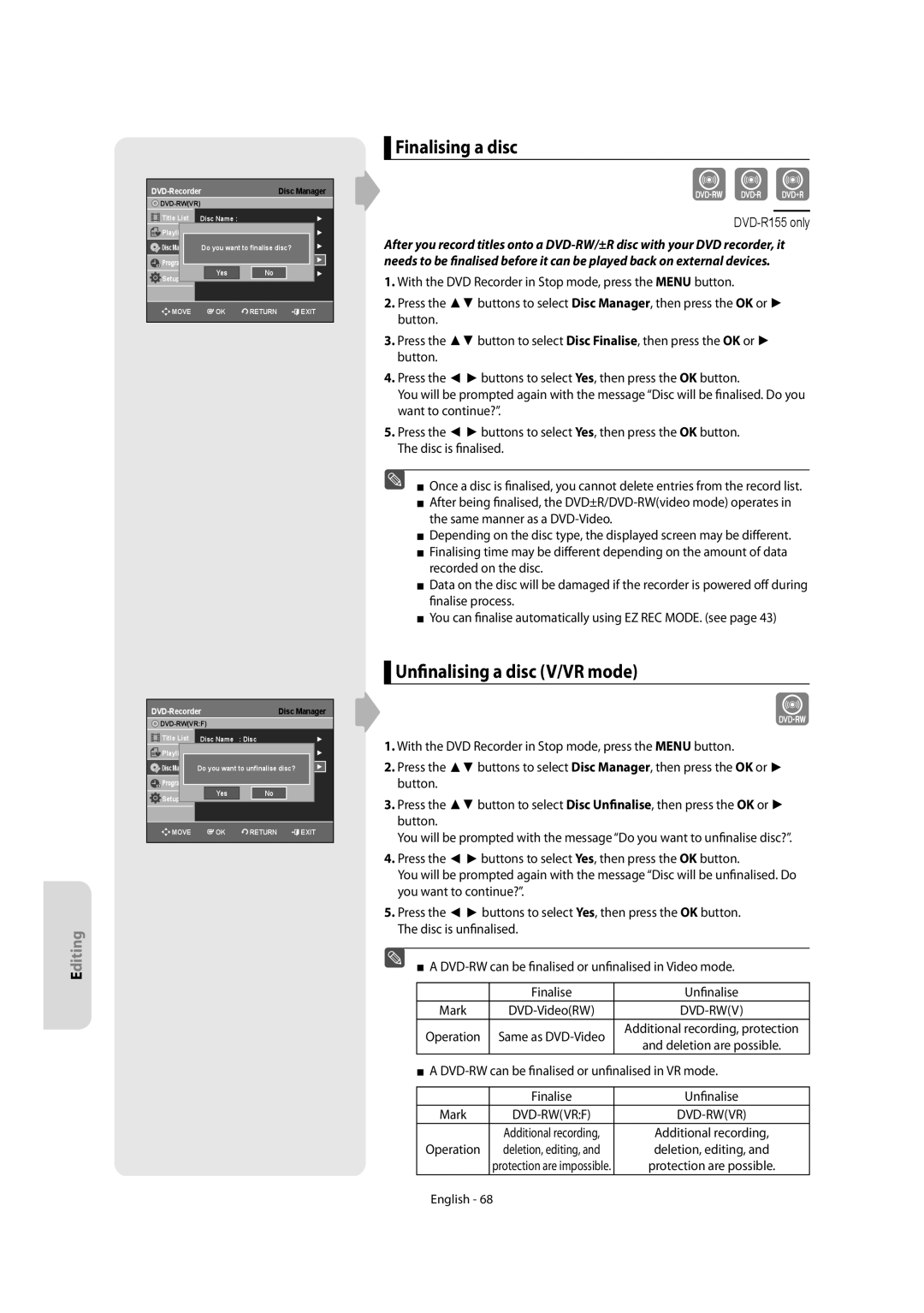 Samsung DVD-R150/AUS Finalising a disc, Unfinalising a disc V/VR mode, DVD-RW can be finalised or unfinalised in VR mode 