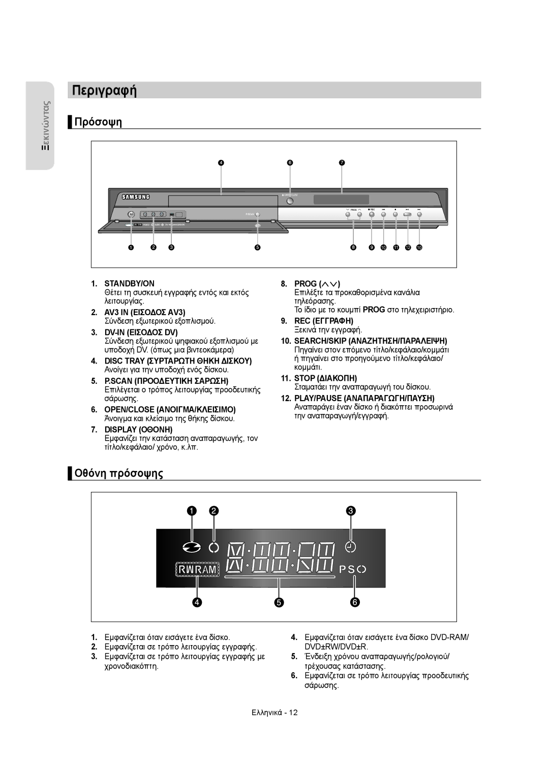 Samsung DVD-R155/HAC, DVD-R155/XEC, DVD-R150/EUR, DVD-R155/EUR, DVD-R150/XEC, DVD-R155/XSG, DVD-R155/AFR manual Οθόνη πρόσοψης 