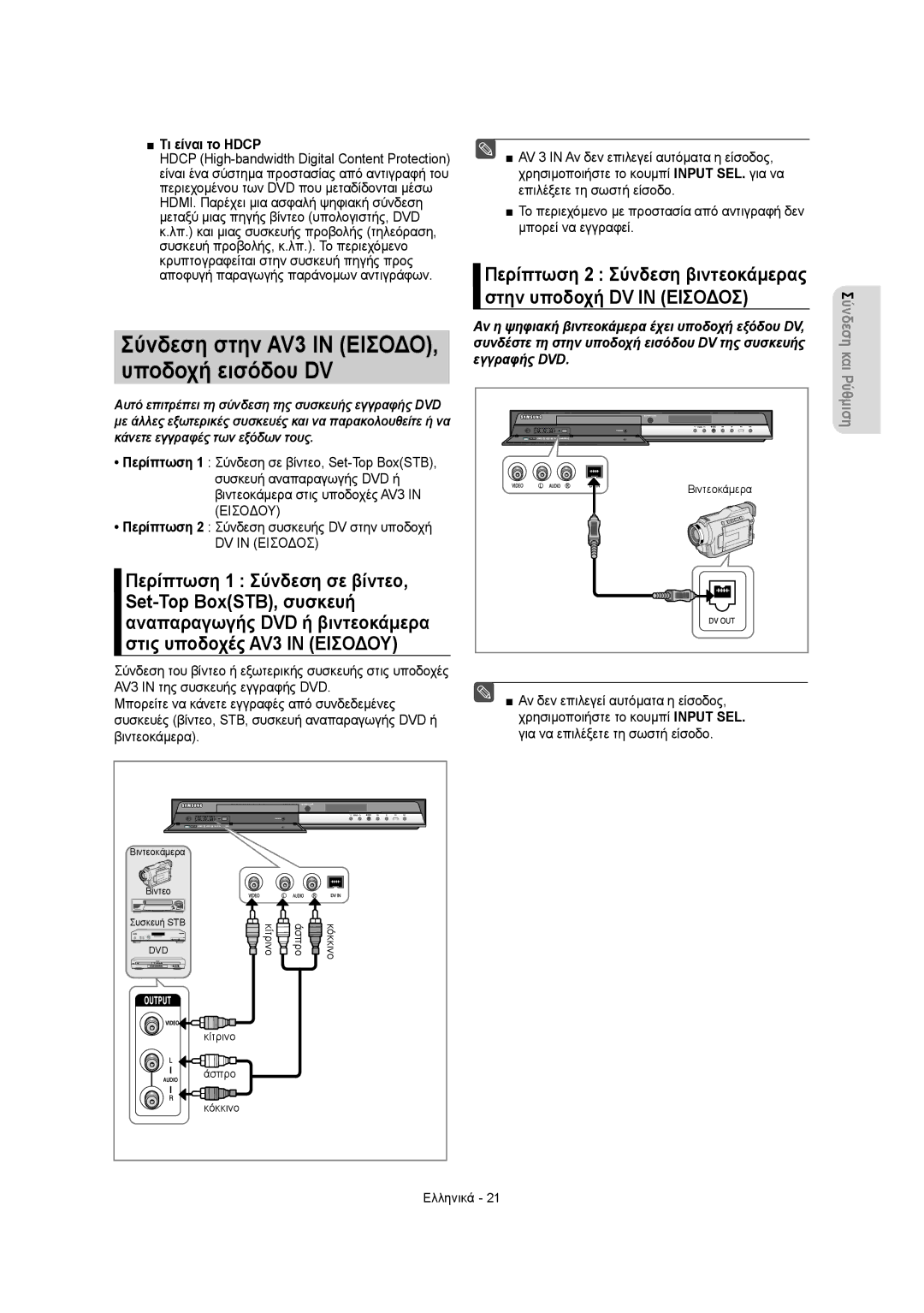 Samsung DVD-R155/AFR, DVD-R155/XEC, DVD-R150/EUR Σύνδεση στην AV3 in Εισοδο, Υποδοχή εισόδου DV, Στην υποδοχή DV in Εισοδοσ 