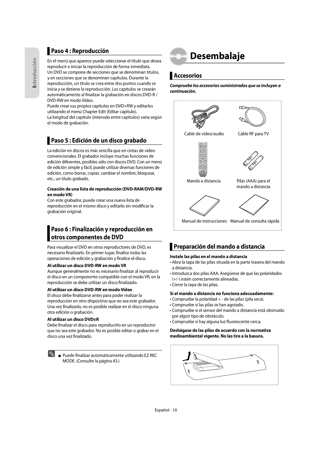 Samsung DVD-R155/XEC, DVD-R155/EUR manual Desembalaje, Paso 4 Reproducción, Paso 5 Edición de un disco grabado, Accesorios 