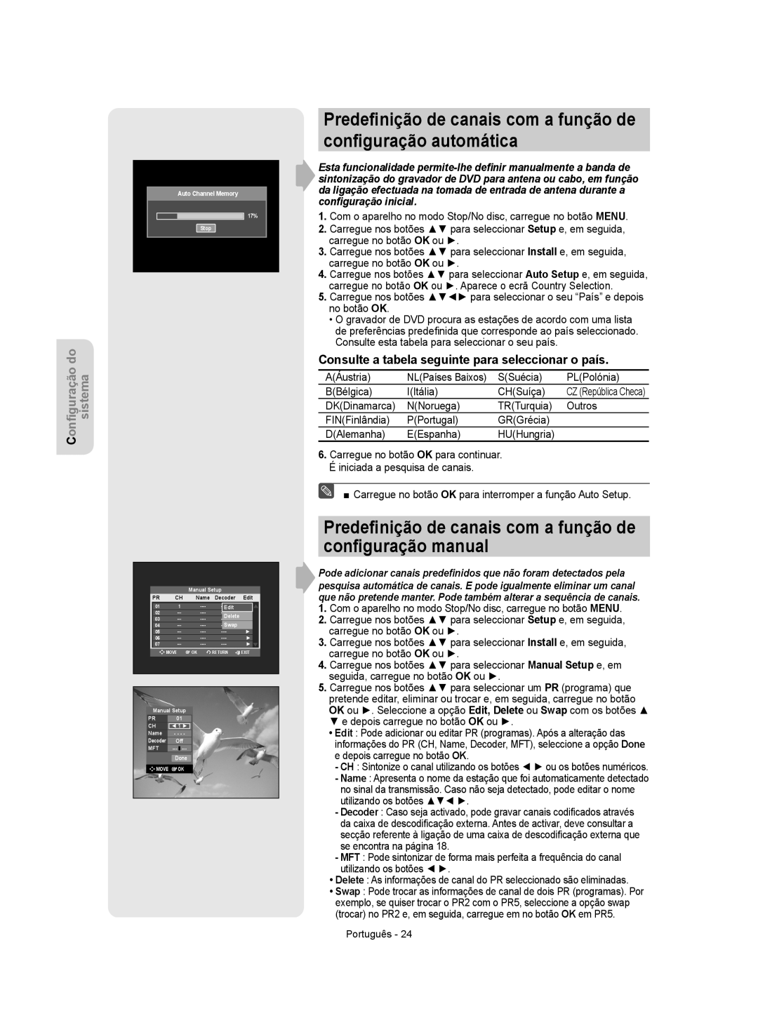 Samsung DVD-R155/XEC, DVD-R155/EUR Predeﬁnição de canais com a função de conﬁguração manual 