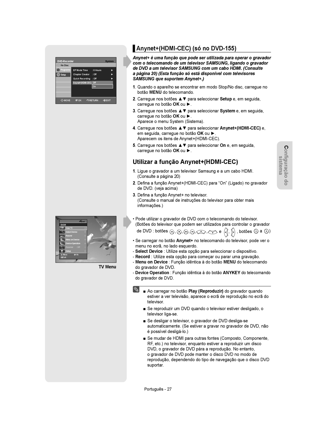 Samsung DVD-R155/EUR, DVD-R155/XEC manual Anynet+HDMI-CEC só no DVD-155, Utilizar a função Anynet+HDMI-CEC, TV Menu 