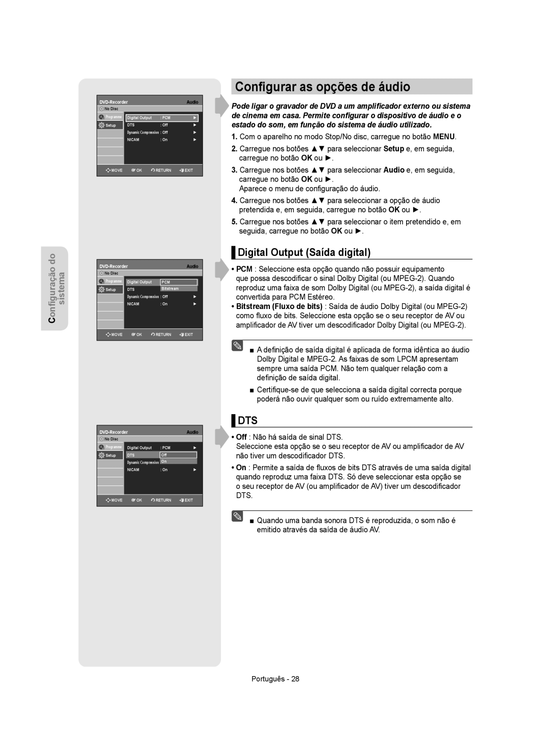 Samsung DVD-R155/XEC, DVD-R155/EUR manual Conﬁgurar as opções de áudio, Digital Output Saída digital, DVD-Recorder Audio 