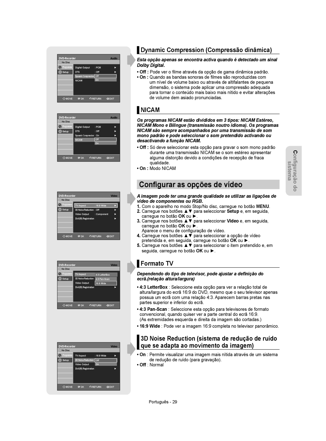 Samsung DVD-R155/EUR manual Conﬁgurar as opções de vídeo, Dynamic Compression Compressão dinâmica, DVD-Recorder Video 