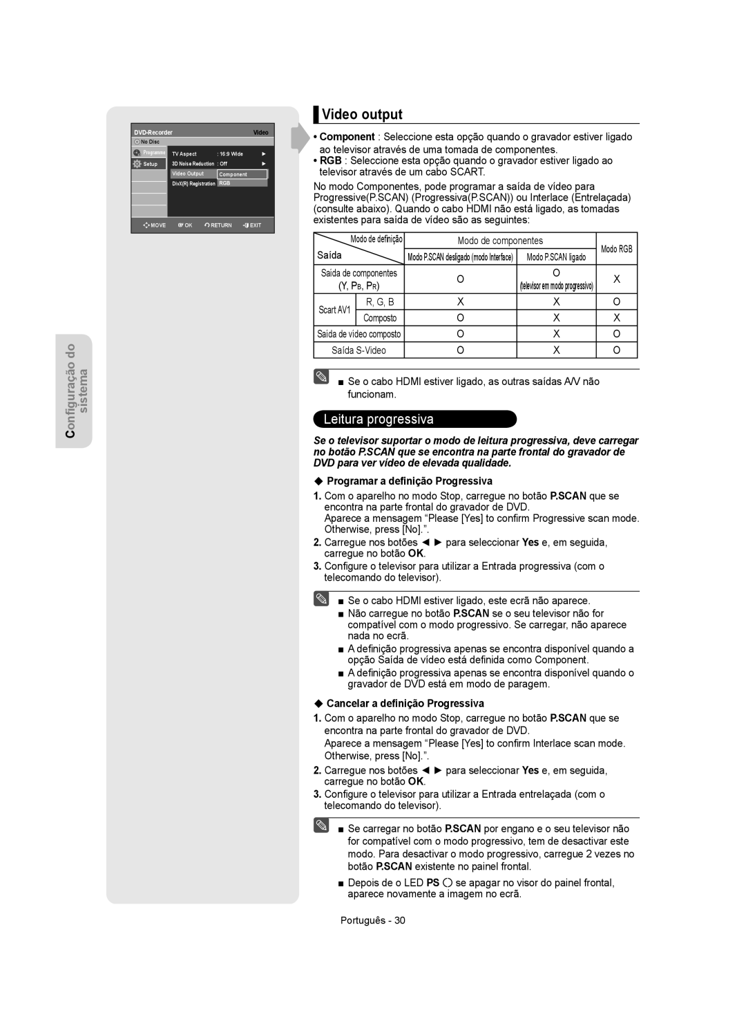 Samsung DVD-R155/XEC, DVD-R155/EUR manual Video output, Modo de componentes, Saída, ‹ Programar a deﬁnição Progressiva 