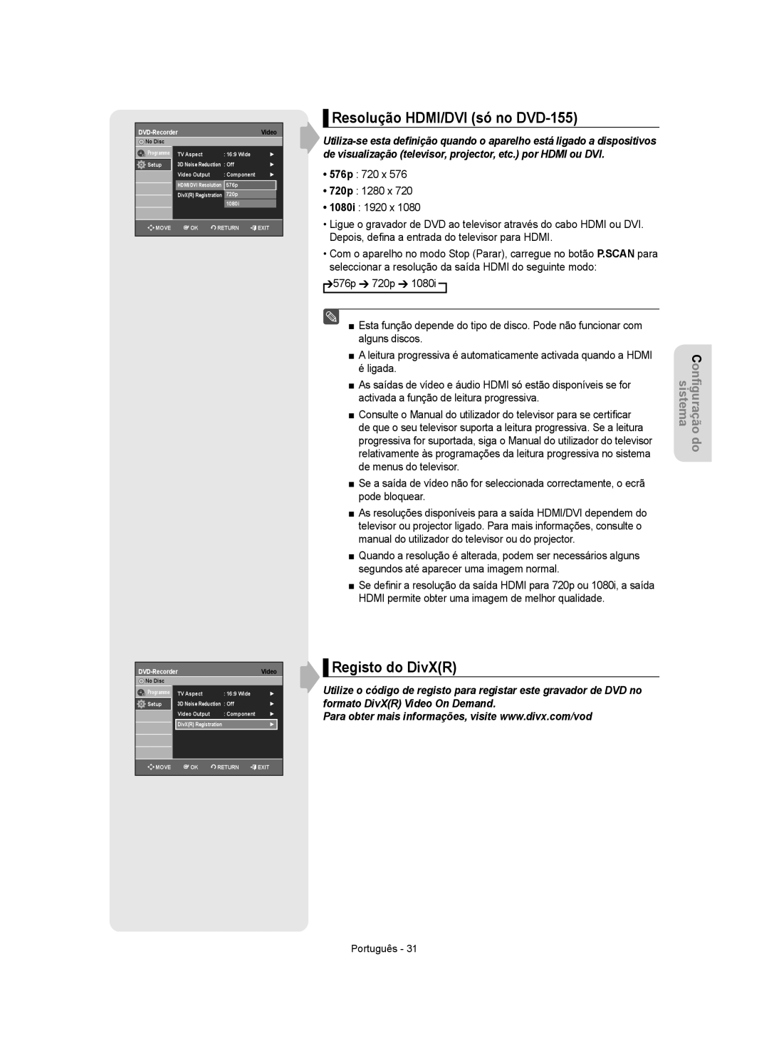 Samsung DVD-R155/EUR, DVD-R155/XEC manual Resolução HDMI/DVI só no DVD-155, Registo do DivXR 