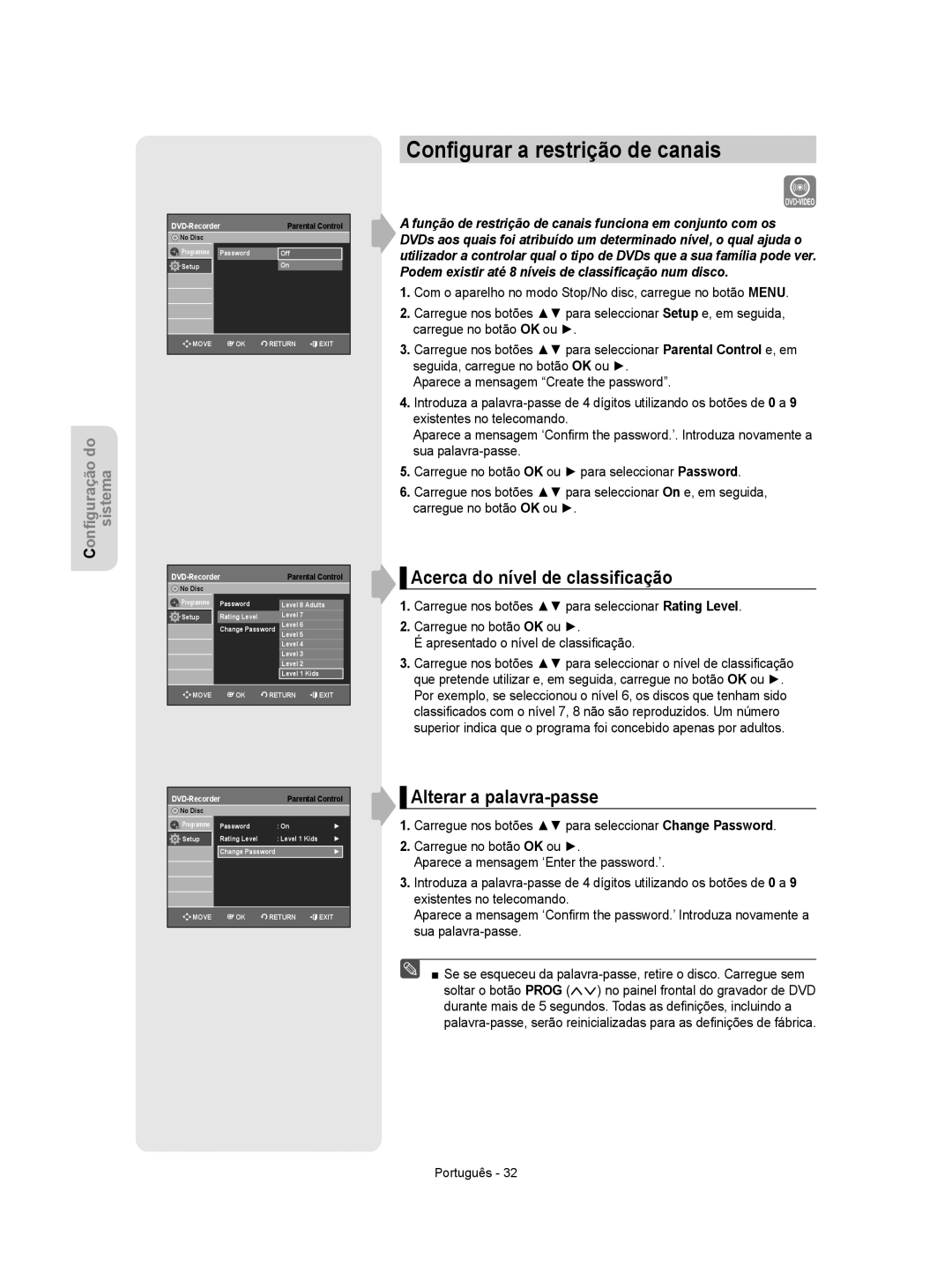 Samsung DVD-R155/XEC manual Conﬁgurar a restrição de canais, Acerca do nível de classiﬁcação, Alterar a palavra-passe 