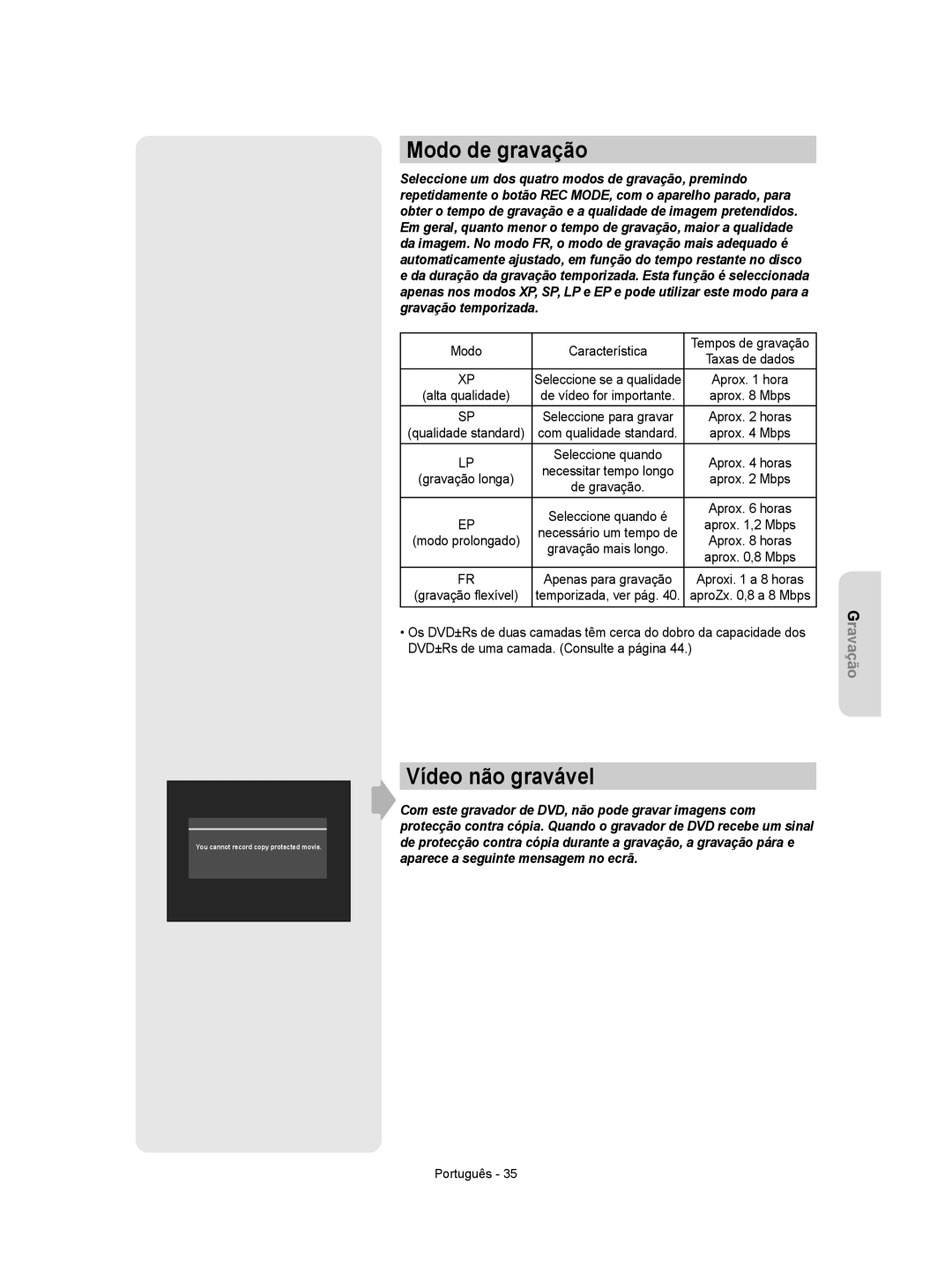 Samsung DVD-R155/EUR, DVD-R155/XEC manual Modo de gravação, Vídeo não gravável 