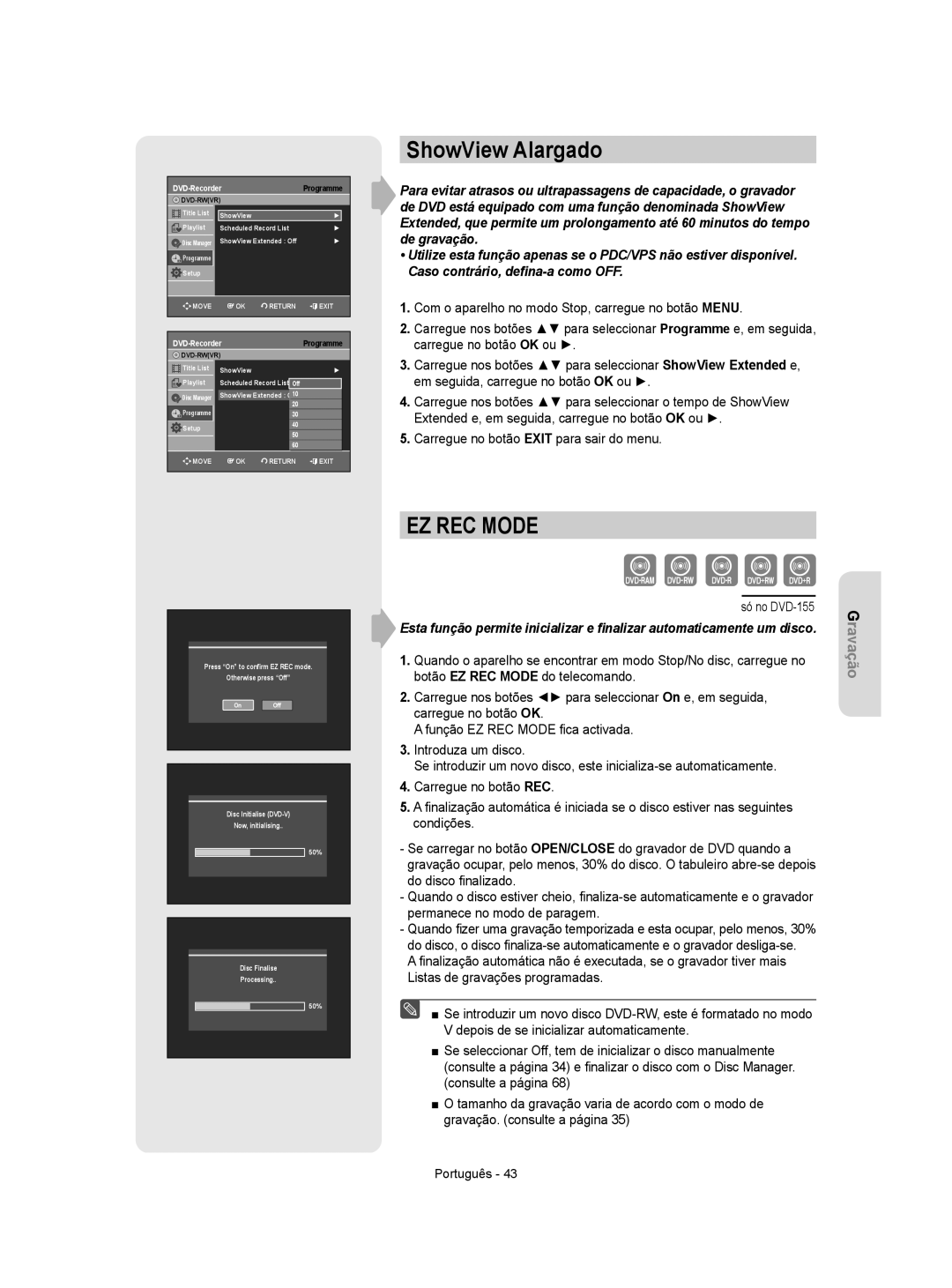 Samsung DVD-R155/EUR, DVD-R155/XEC manual ShowView Alargado, DVD-RecorderProgramme 