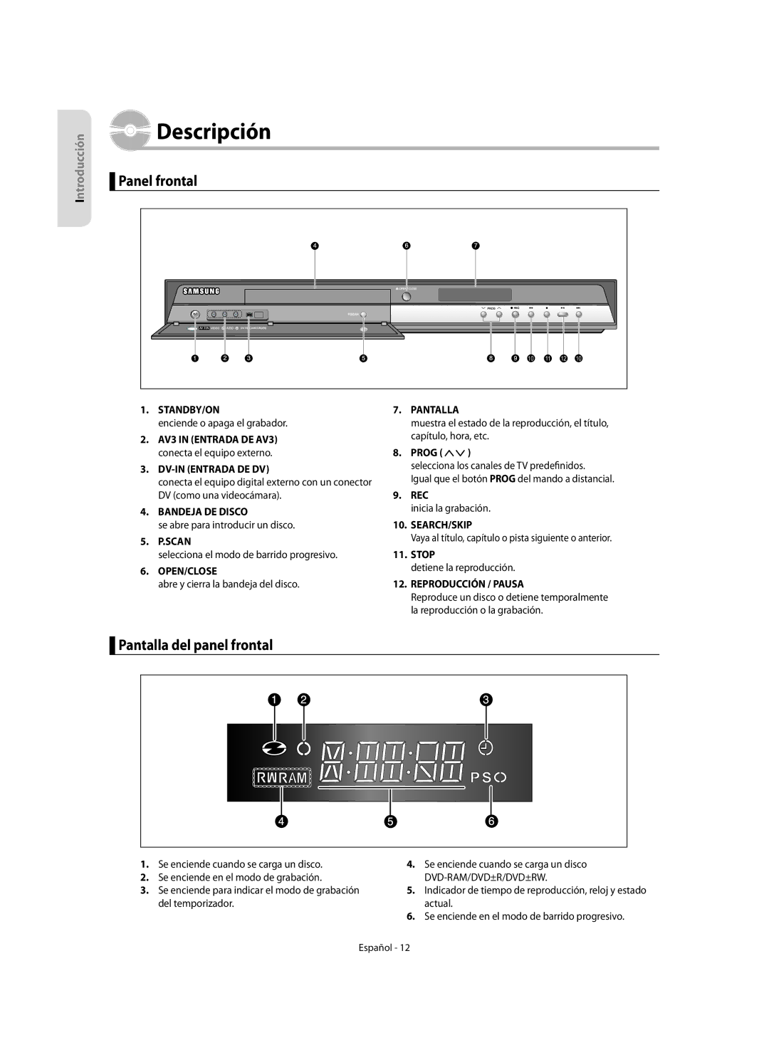 Samsung DVD-R155/XEC, DVD-R155/EUR manual Descripción, Panel frontal, Pantalla del panel frontal 