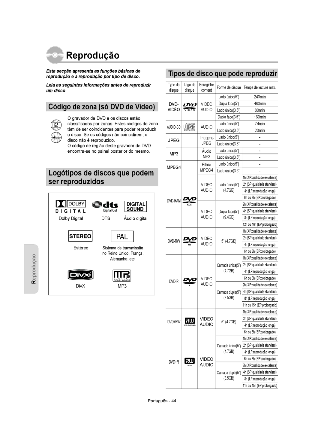 Samsung DVD-R155/XEC, DVD-R155/EUR manual Reprodução, Logótipos de discos que podem ser reproduzidos, Vidéo Audio, Video 