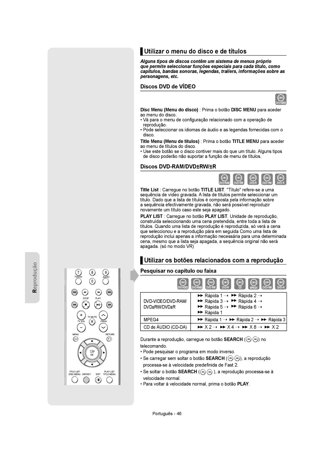 Samsung DVD-R155/XEC, DVD-R155/EUR Utilizar o menu do disco e de títulos, Utilizar os botões relacionados com a reprodução 