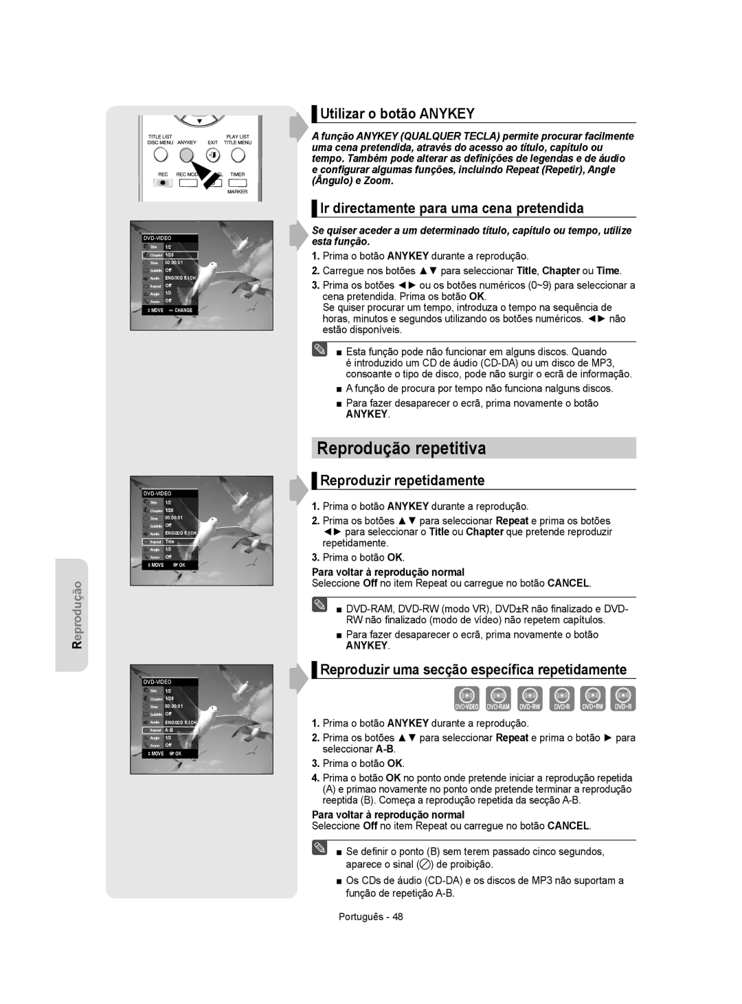 Samsung DVD-R155/XEC manual Reprodução repetitiva, Utilizar o botão Anykey, Ir directamente para uma cena pretendida 