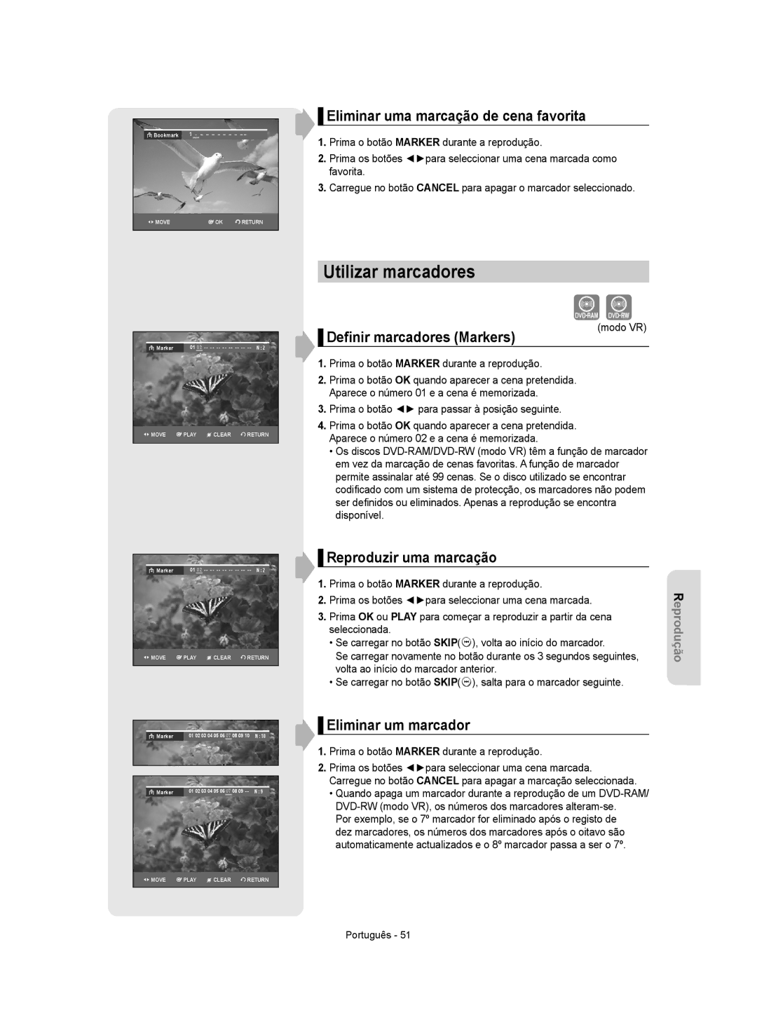 Samsung DVD-R155/EUR, DVD-R155/XEC Utilizar marcadores, Eliminar uma marcação de cena favorita, Deﬁnir marcadores Markers 