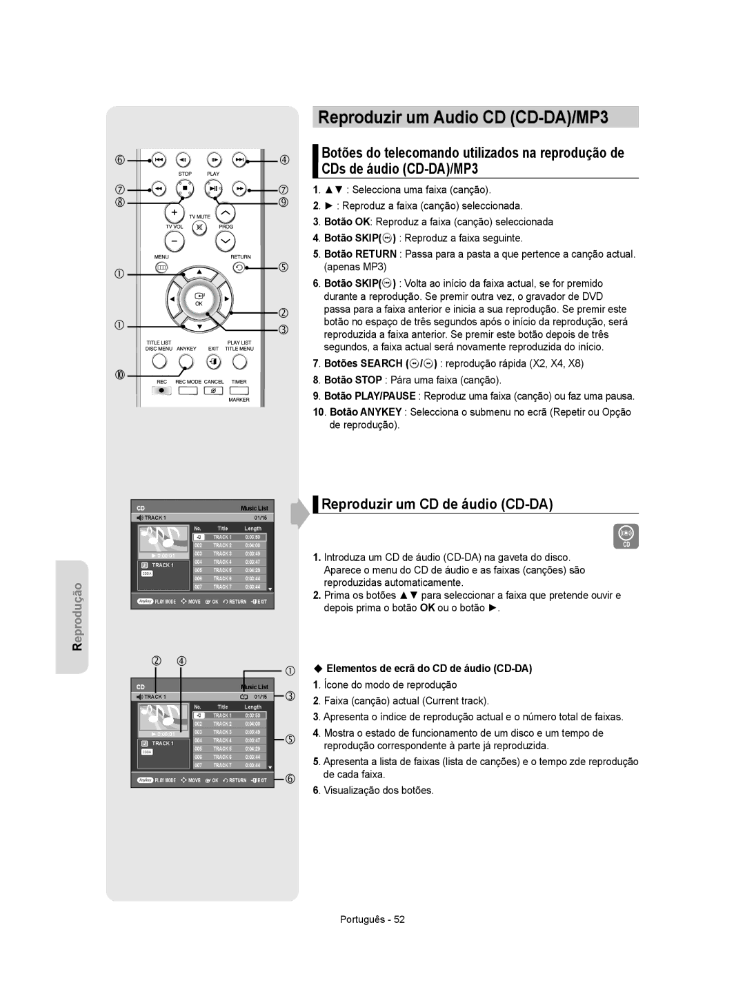 Samsung DVD-R155/XEC, DVD-R155/EUR manual Reproduzir um Audio CD CD-DA/MP3, Reproduzir um CD de áudio CD-DA, Music List 