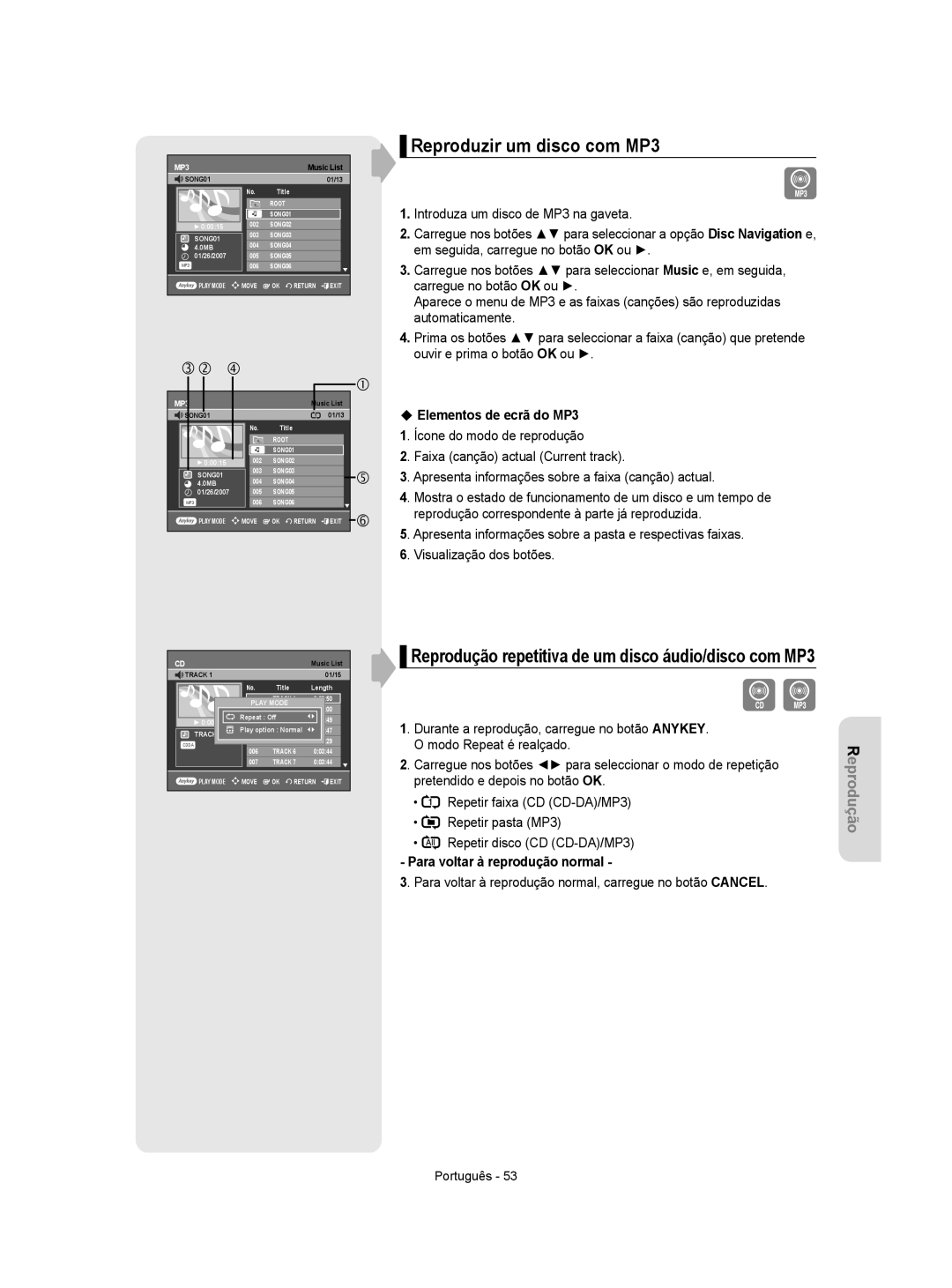 Samsung DVD-R155/EUR, DVD-R155/XEC Reproduzir um disco com MP3, Para voltar à reprodução normal, carregue no botão Cancel 