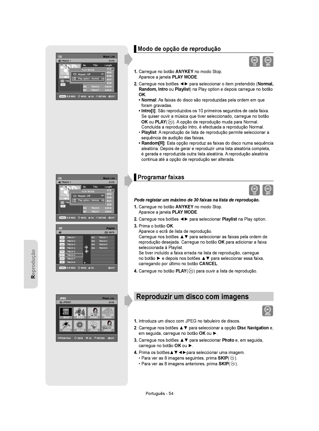 Samsung DVD-R155/XEC manual Reproduzir um disco com imagens, Modo de opção de reprodução, Programar faixas, Playlist 