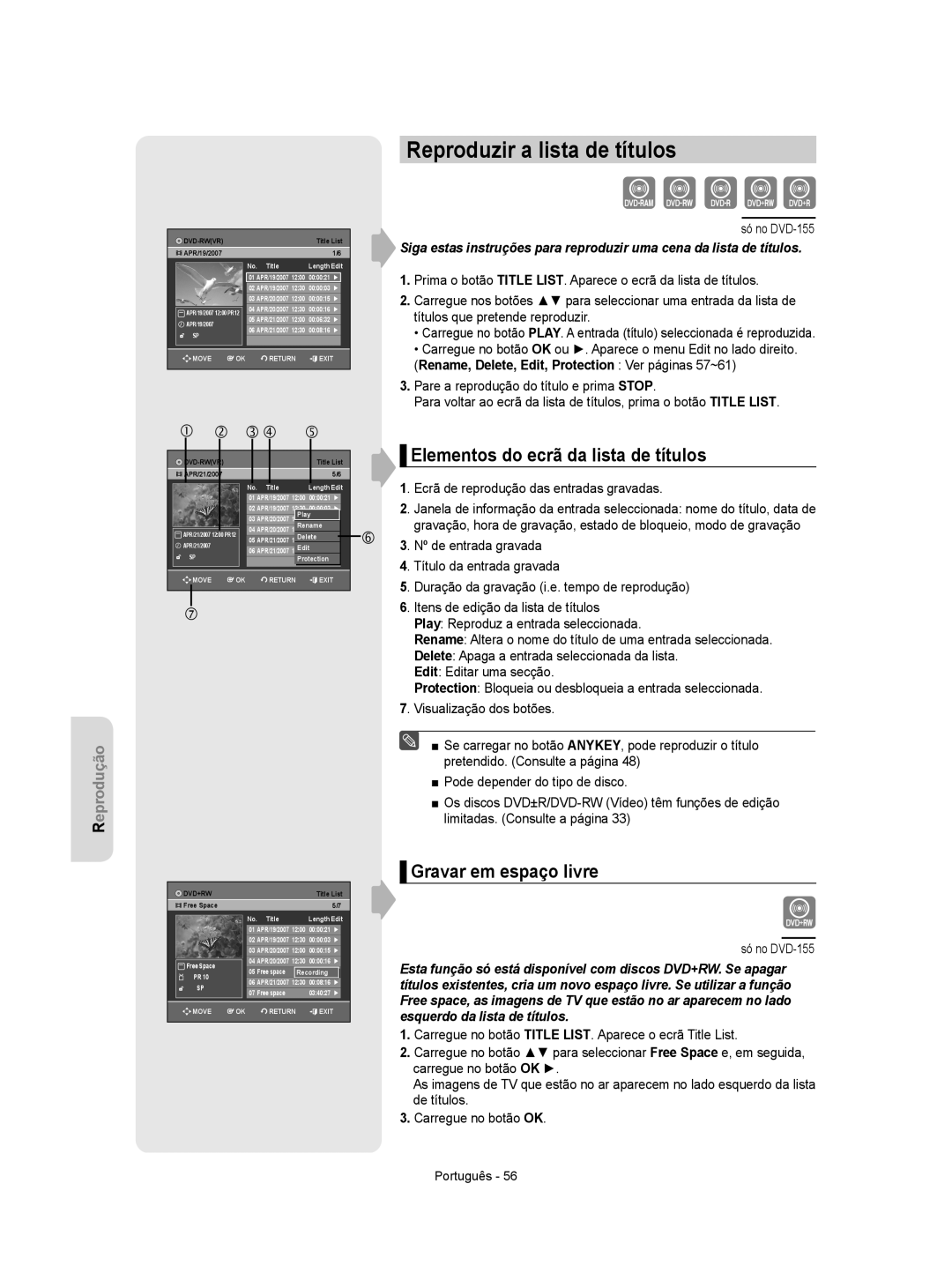 Samsung DVD-R155/XEC manual Reproduzir a lista de títulos, Elementos do ecrã da lista de títulos, Gravar em espaço livre 