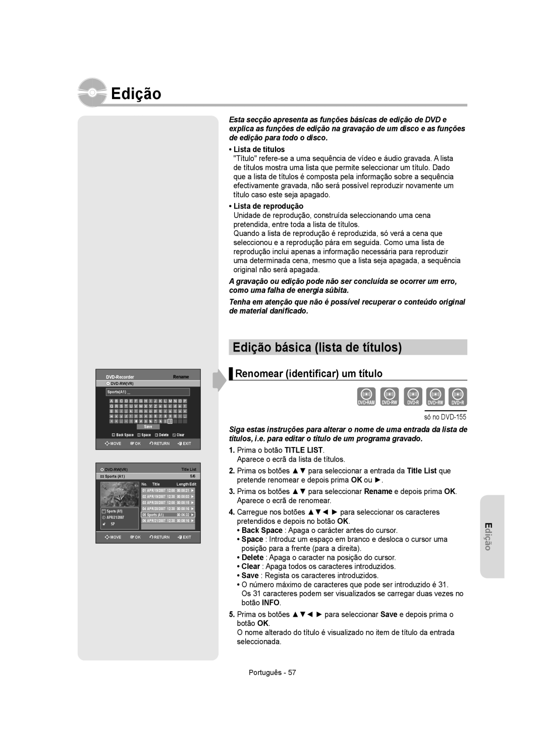 Samsung DVD-R155/EUR, DVD-R155/XEC Edição básica lista de títulos, Renomear identiﬁcar um título, Lista de títulos 