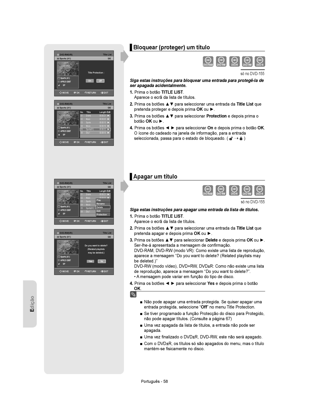 Samsung DVD-R155/XEC, DVD-R155/EUR manual Bloquear proteger um título, Apagar um título 