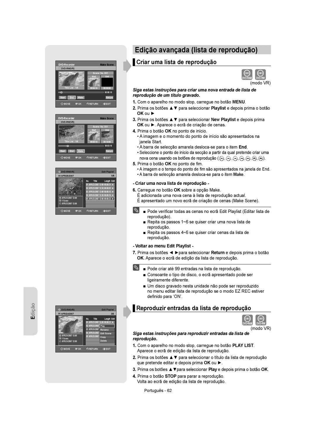 Samsung DVD-R155/XEC Edição avançada lista de reprodução, Criar uma lista de reprodução, Voltar ao menu Edit Playlist 