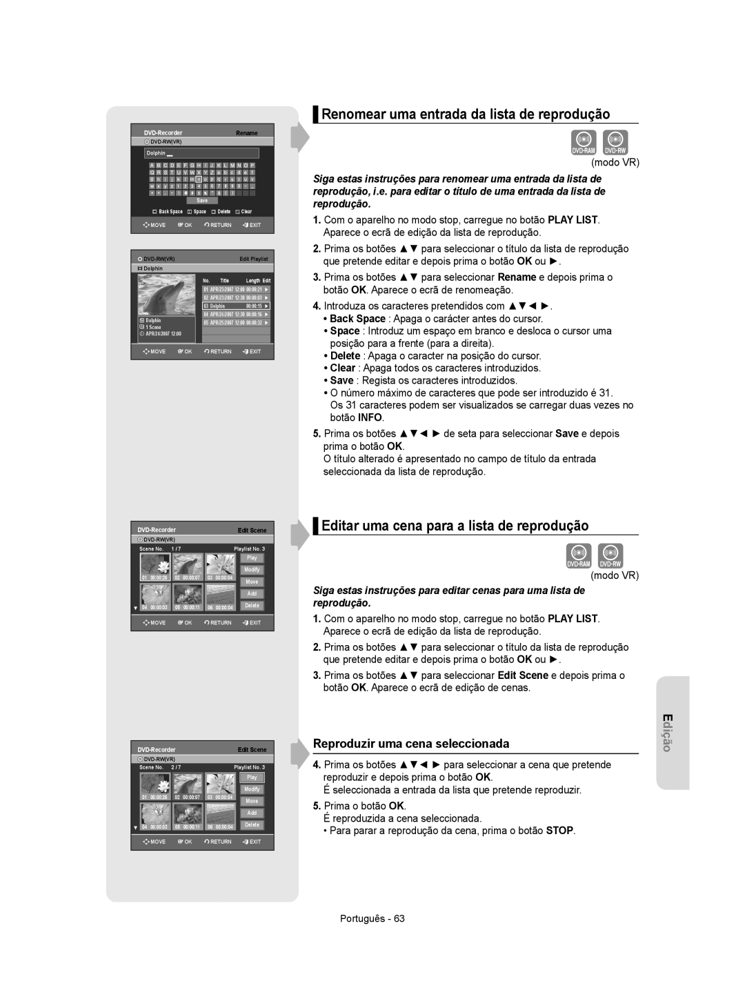 Samsung DVD-R155/EUR Renomear uma entrada da lista de reprodução, Editar uma cena para a lista de reprodução, Edit Scene 