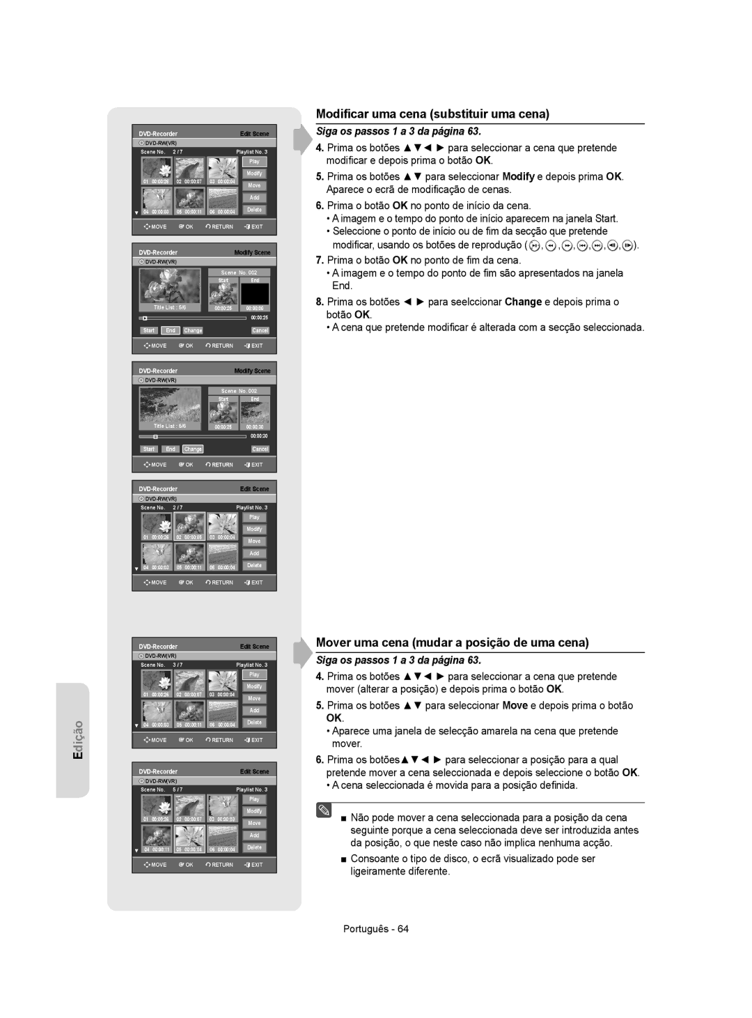 Samsung DVD-R155/XEC, DVD-R155/EUR manual Modiﬁcar uma cena substituir uma cena, Mover uma cena mudar a posição de uma cena 