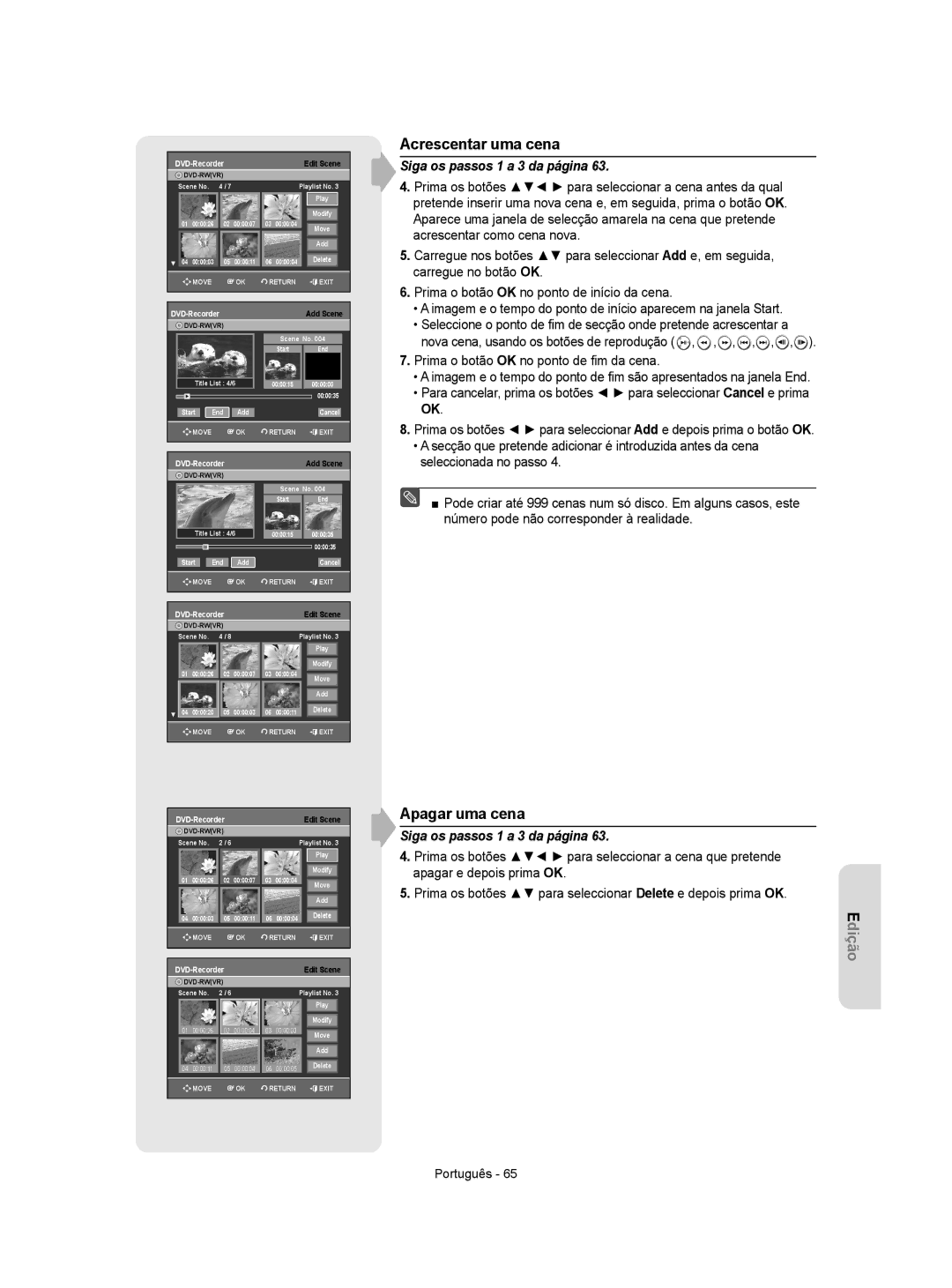 Samsung DVD-R155/EUR, DVD-R155/XEC manual Acrescentar uma cena, Apagar uma cena 