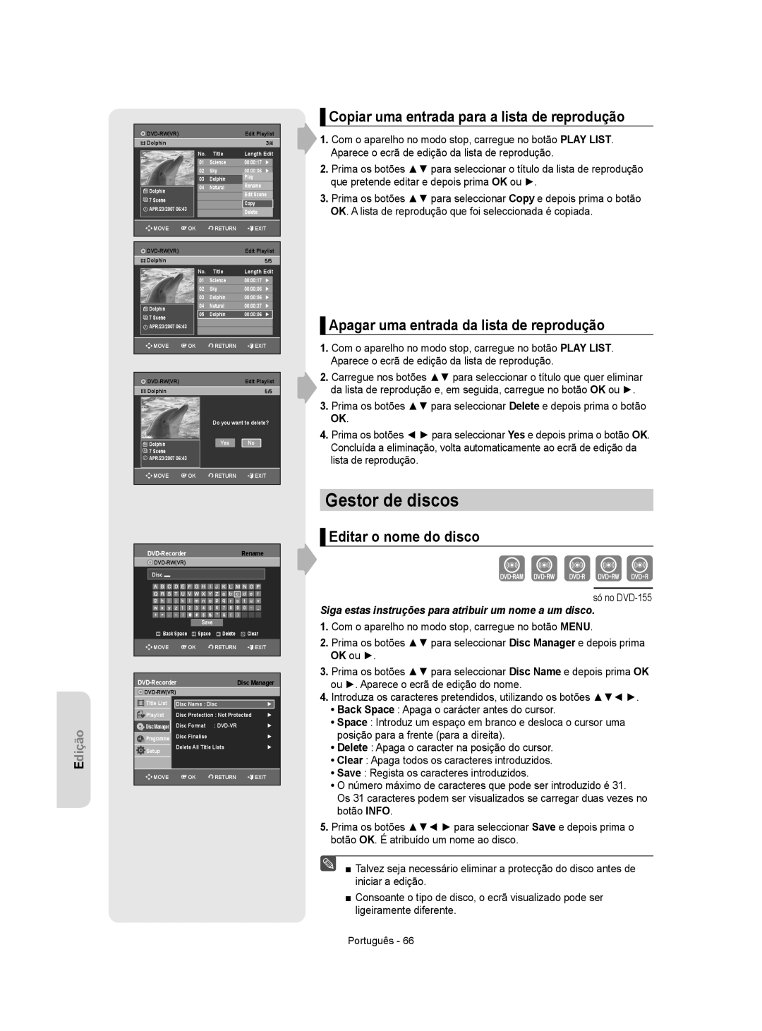 Samsung DVD-R155/XEC, DVD-R155/EUR Gestor de discos, Copiar uma entrada para a lista de reprodução, Editar o nome do disco 