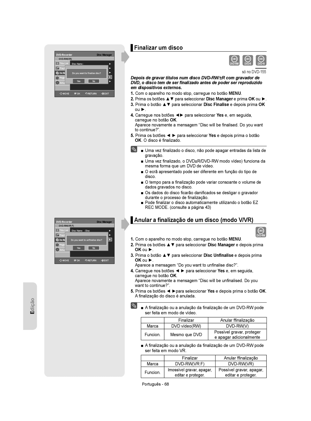 Samsung DVD-R155/XEC, DVD-R155/EUR manual Finalizar um disco, Anular a ﬁnalização de um disco modo V/VR, Dvd-Rwvrf 