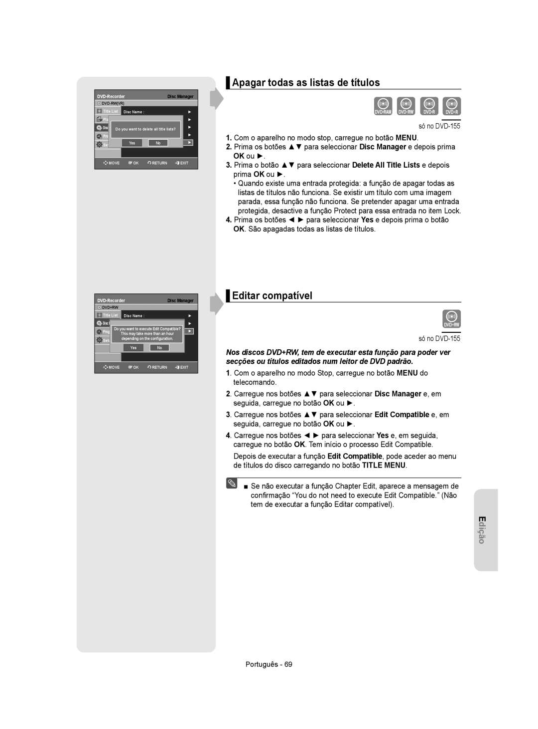 Samsung DVD-R155/EUR, DVD-R155/XEC manual Apagar todas as listas de títulos, Editar compatível 