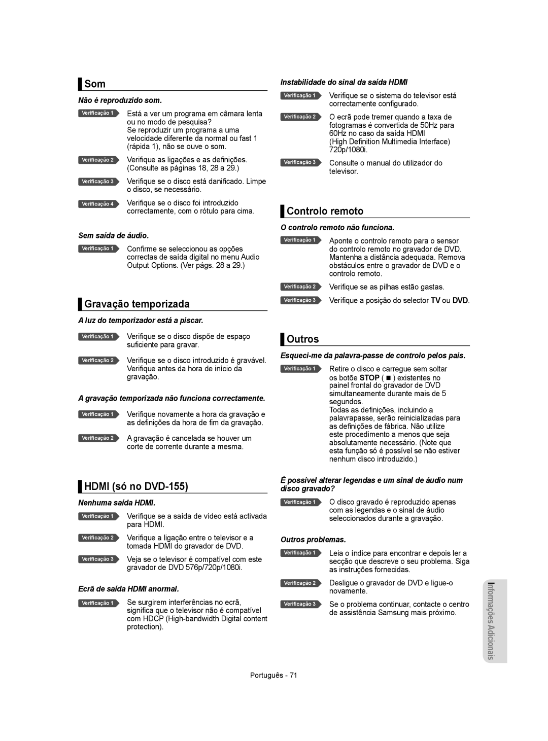 Samsung DVD-R155/EUR, DVD-R155/XEC manual Som, Controlo remoto, Gravação temporizada, Hdmi só no DVD-155, Outros 