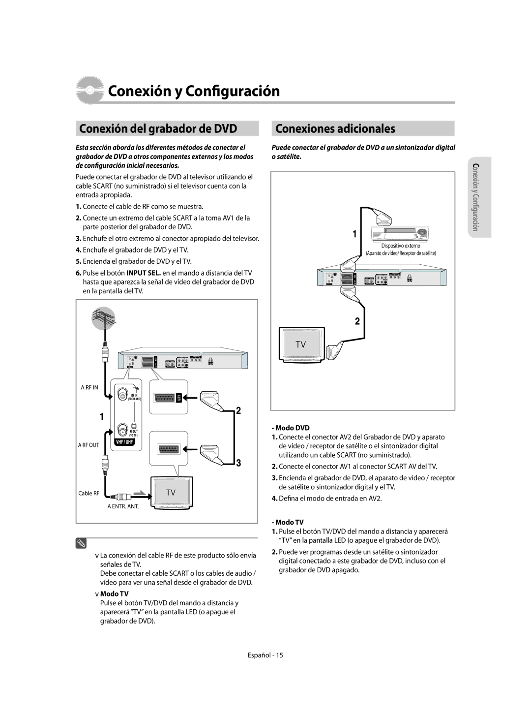 Samsung DVD-R155/EUR, DVD-R155/XEC manual Conexión y Configuración, Conexiones adicionales, Modo TV, Modo DVD 