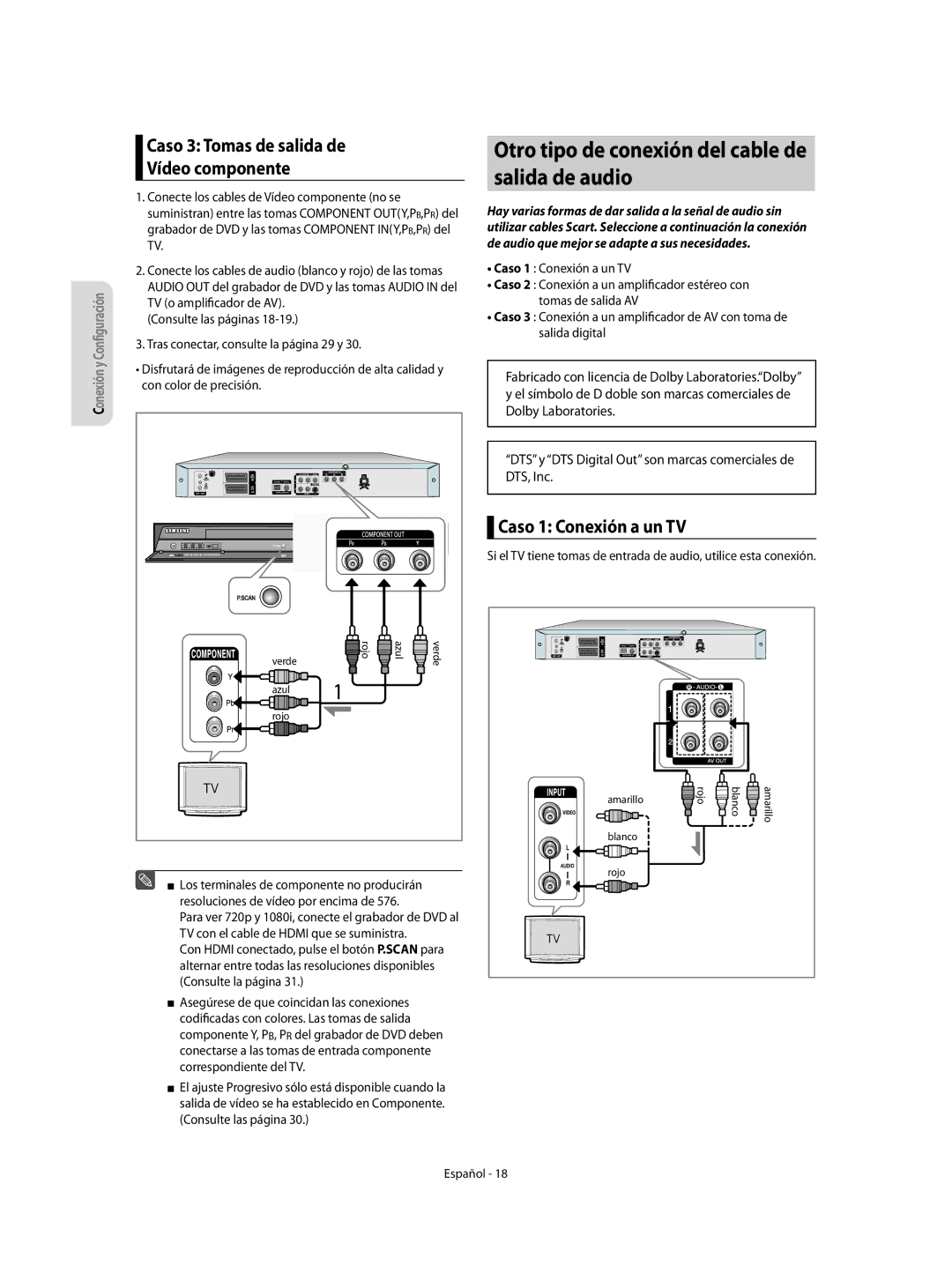 Samsung DVD-R155/XEC manual Otro tipo de conexión del cable de salida de audio, Caso 3 Tomas de salida de Vídeo componente 