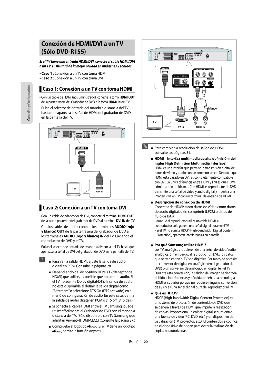 Samsung DVD-R155/XEC manual Conexión de HDMI/DVI a un TV Sólo DVD-R155, Descripción de conexión de Hdmi, Qué es HDCP? 