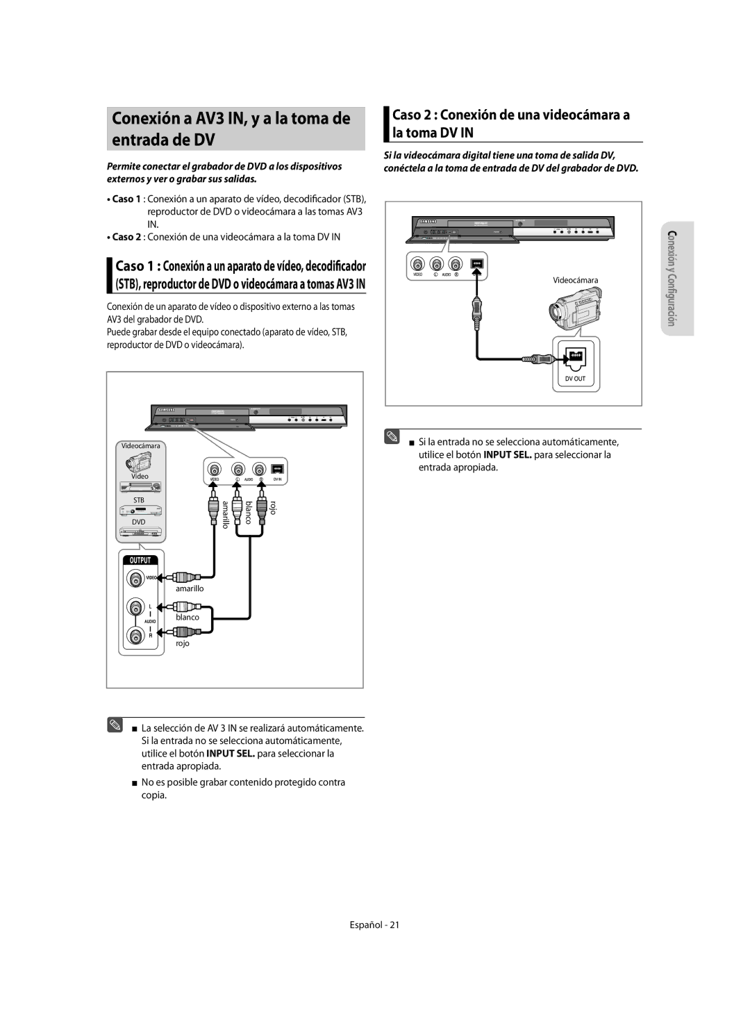 Samsung DVD-R155/EUR Conexión a AV3 IN, y a la toma de entrada de DV, Caso 2 Conexión de una videocámara a la toma DV 