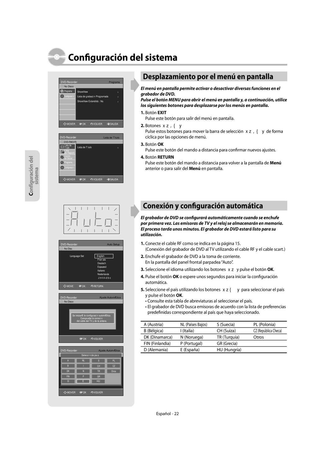 Samsung DVD-R155/XEC, DVD-R155/EUR manual Configuración del sistema, Desplazamiento por el menú en pantalla, DVD-Recorder 