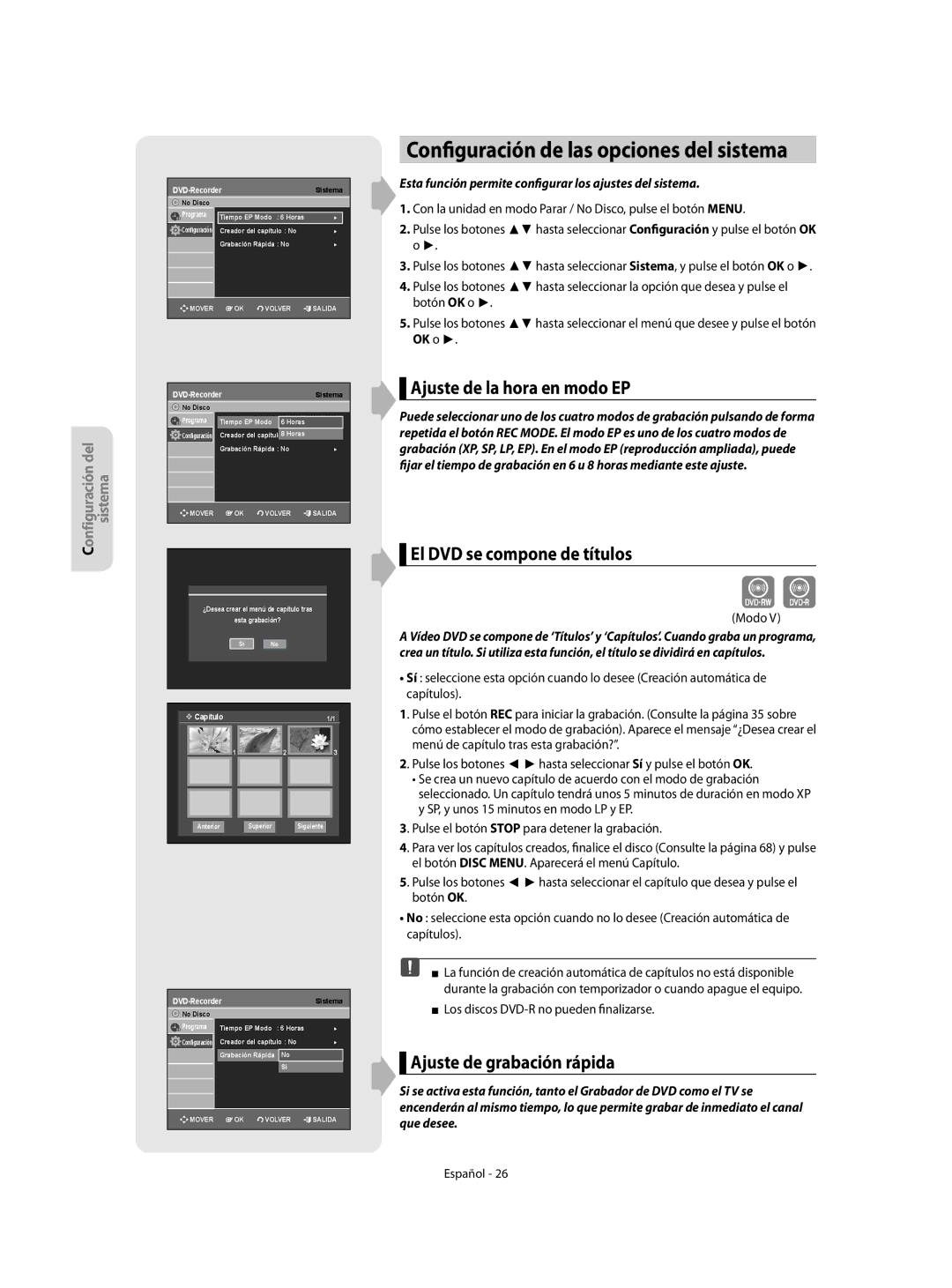 Samsung DVD-R155/XEC Configuración de las opciones del sistema, Ajuste de la hora en modo EP, El DVD se compone de títulos 