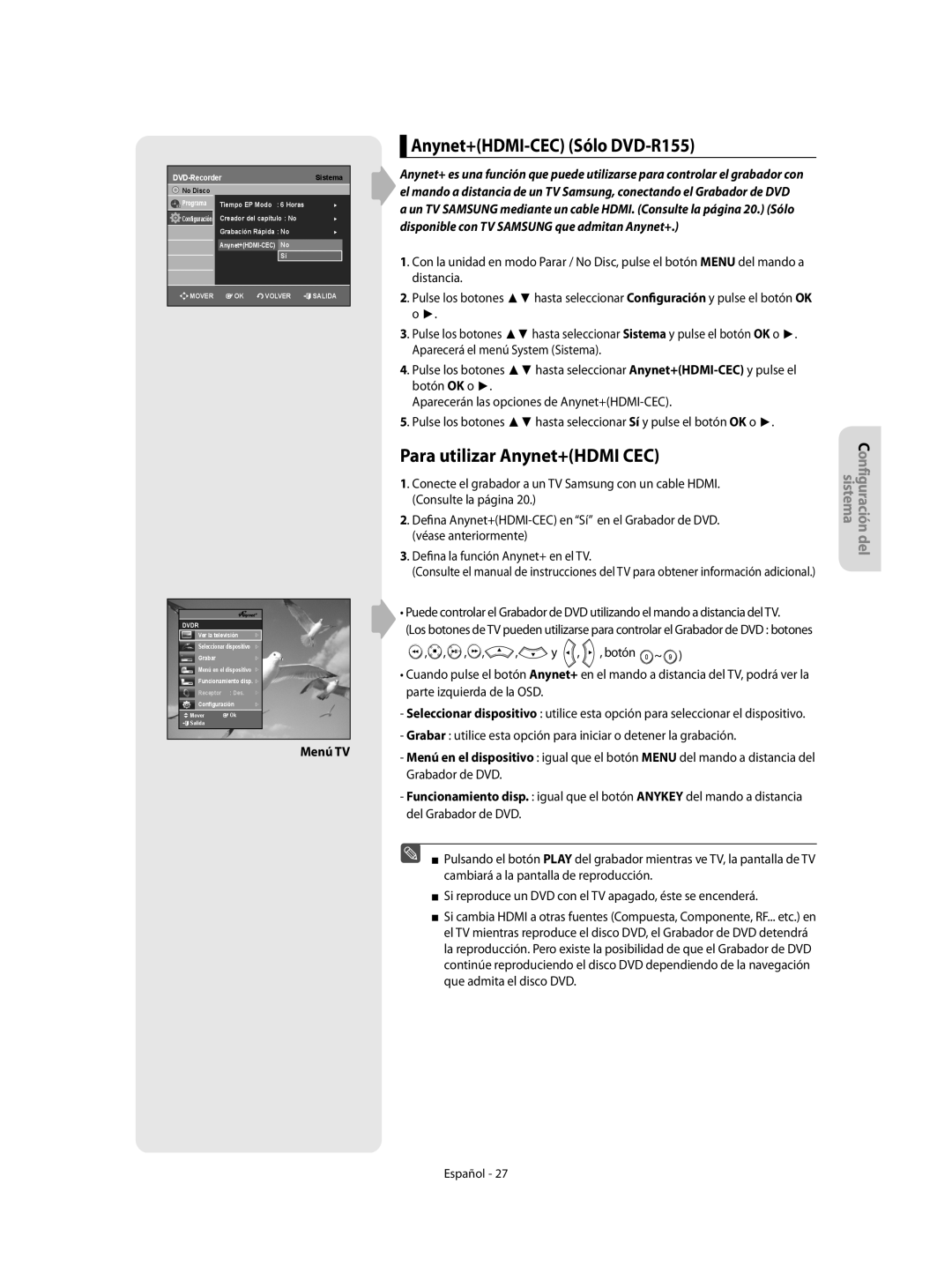 Samsung DVD-R155/EUR, DVD-R155/XEC manual Anynet+HDMI-CEC Sólo DVD-R155, Para utilizar Anynet+HDMI CEC, Menú TV 