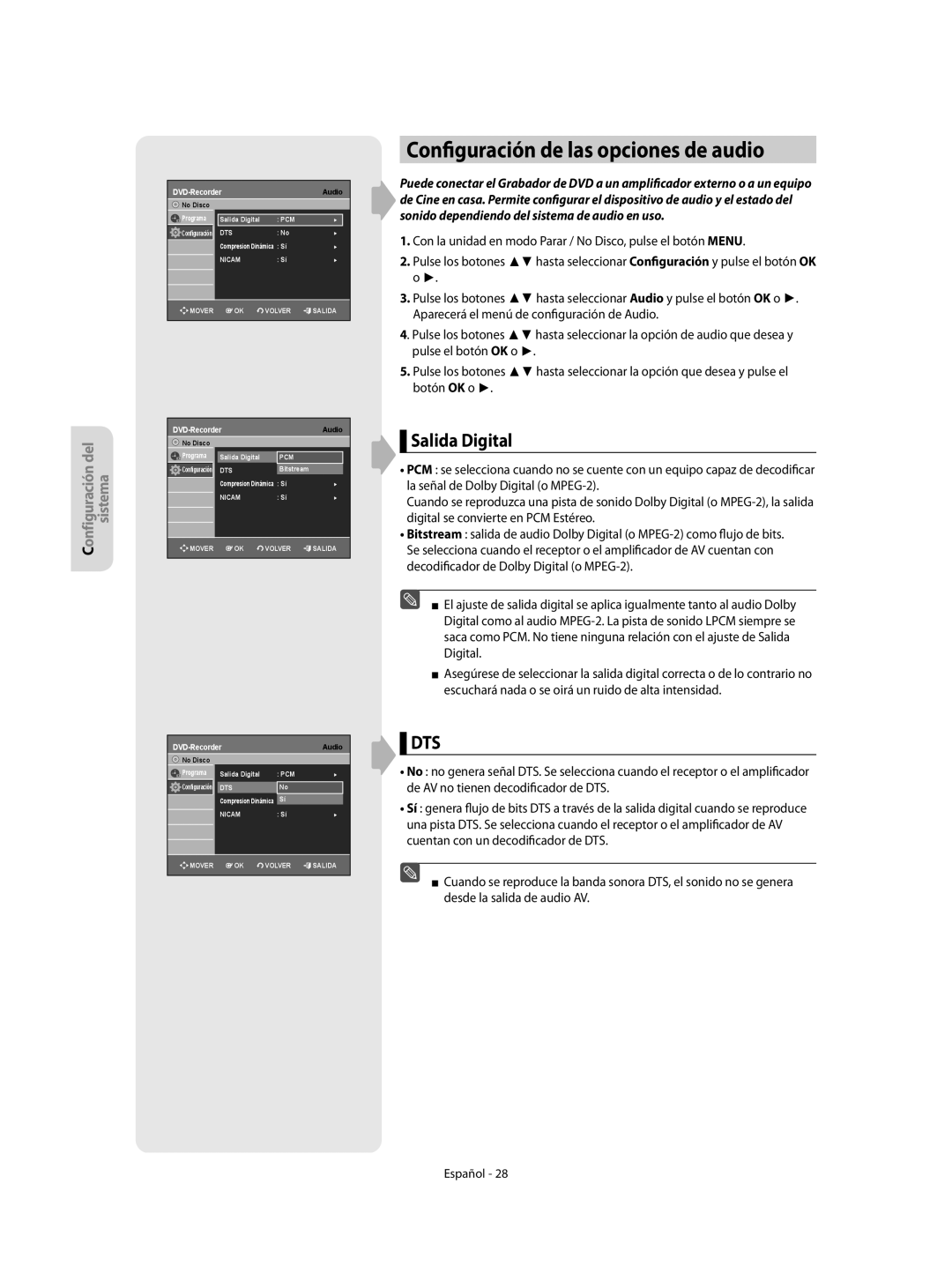 Samsung DVD-R155/XEC, DVD-R155/EUR manual Configuración de las opciones de audio, Salida Digital 