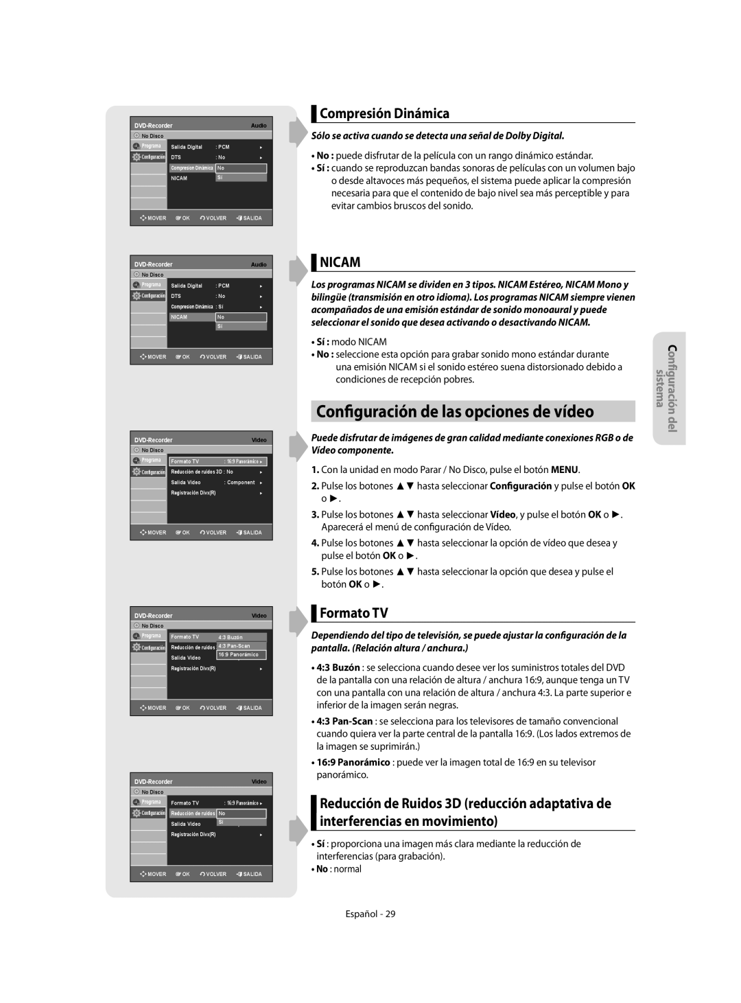 Samsung DVD-R155/EUR manual Compresión Dinámica, Formato TV, Sólo se activa cuando se detecta una señal de Dolby Digital 