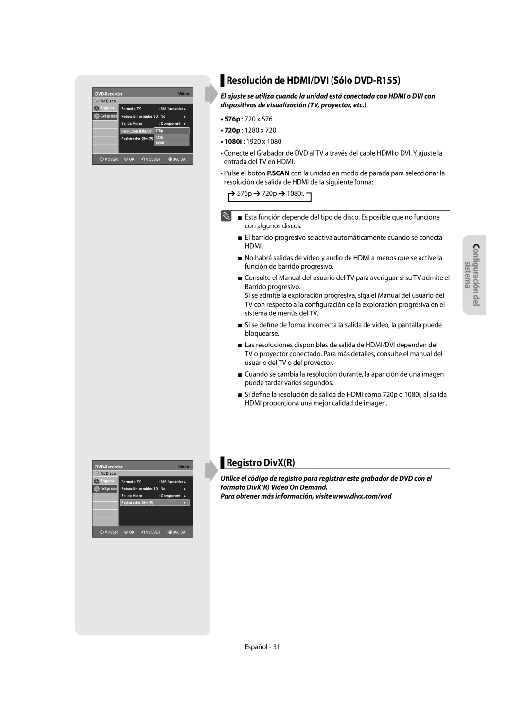 Samsung DVD-R155/EUR, DVD-R155/XEC manual Resolución de HDMI/DVI Sólo DVD-R155, Registro DivXR 